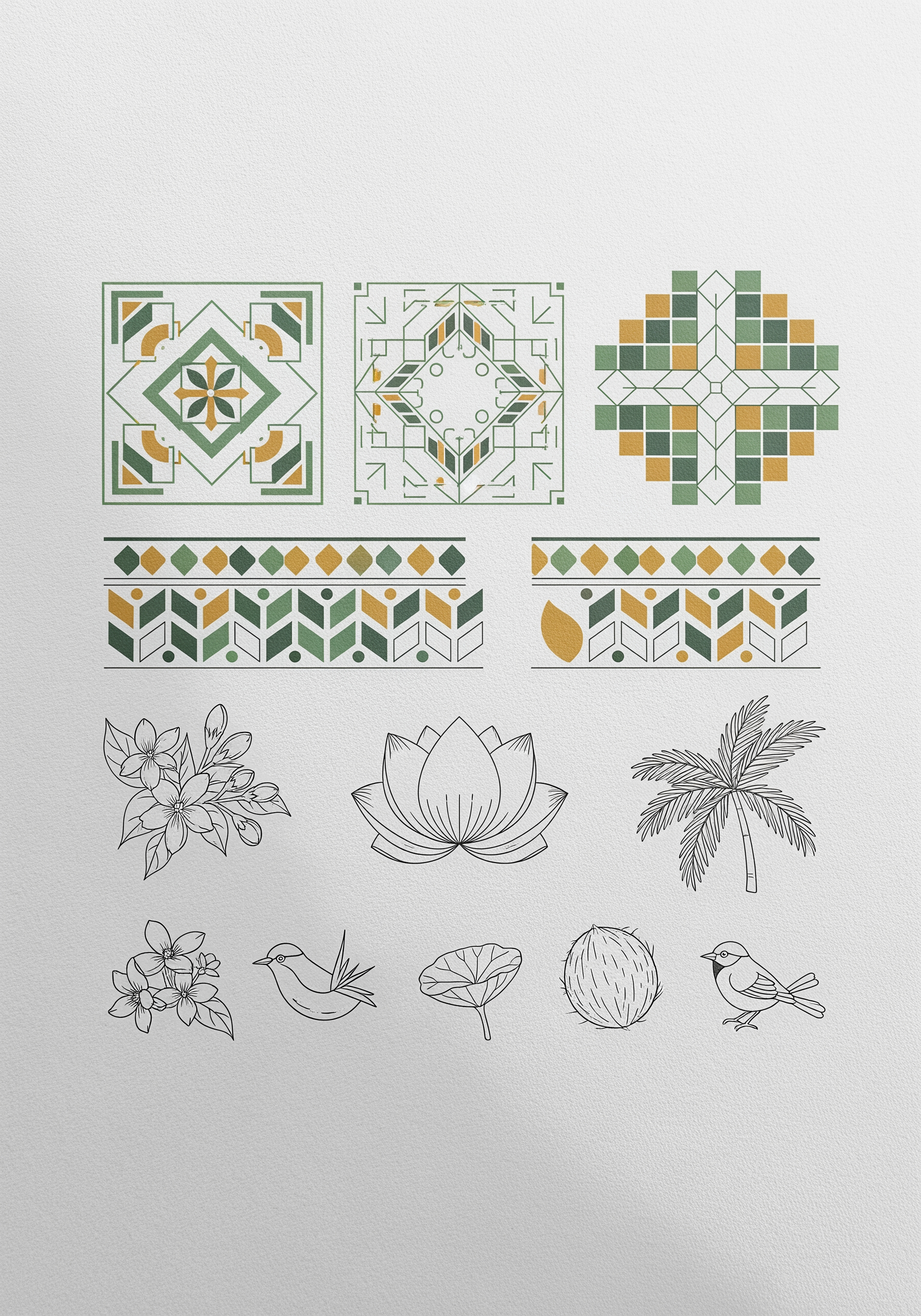 AI Design for A flat-lay presentation of graphic elements on textured paper. Included are contemporary, simplified geometric patterns based on kolam art and temple borders, rendered in sage green and muted mustard. Below are delicate, minimal line-art illustrations of nature elements: jasmine flowers, lotus petals, coconut palms, and birds. The composition is organized, tidy, and clean, emphasizing a handcrafted, refined, and timeless aesthetic.