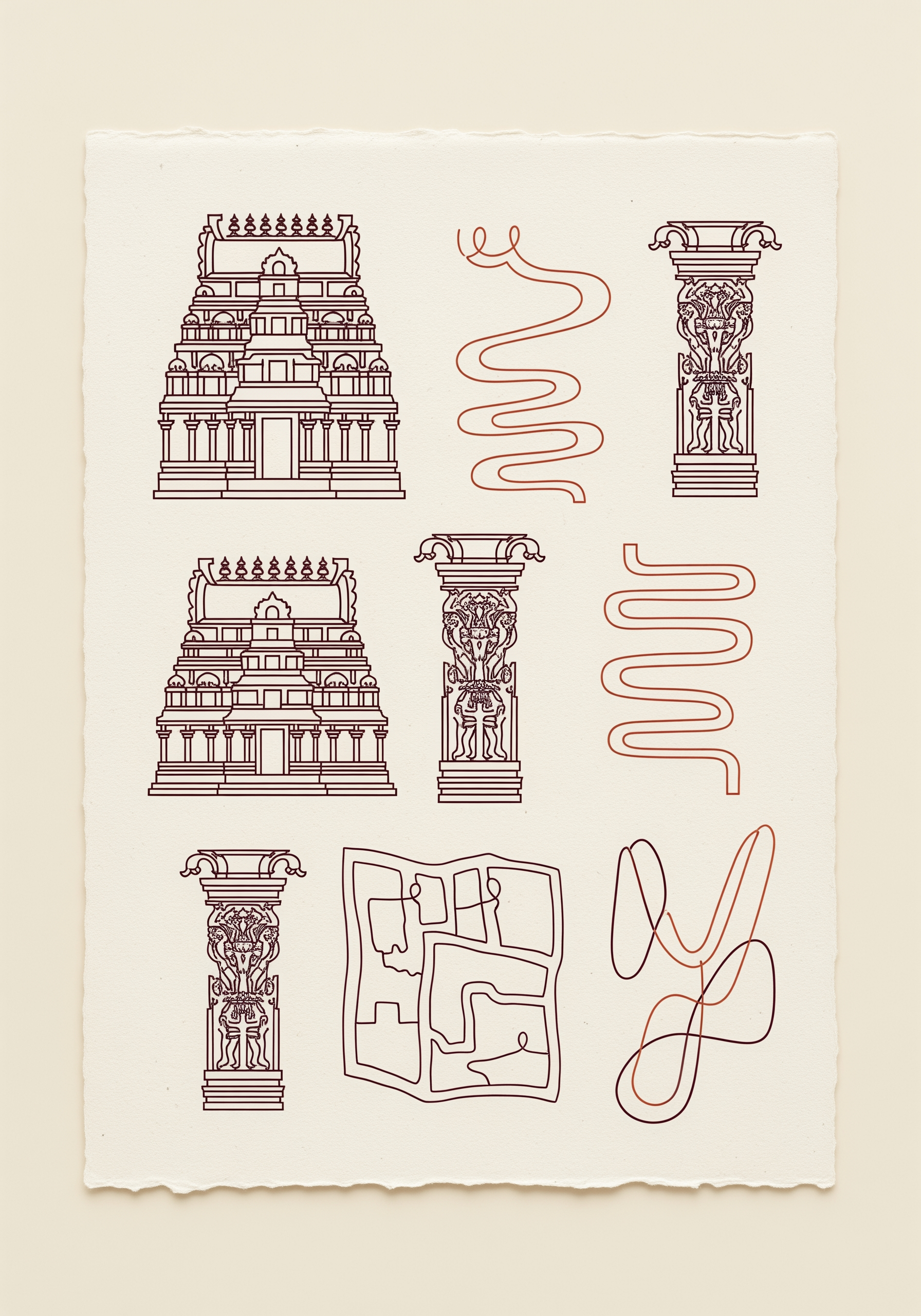 AI Design for A professional graphic design asset sheet on a warm ivory handmade-paper background. The board features clean, minimalist line-art motifs inspired by South Indian temple architecture like gopurams and carved pillars, rendered in deep maroon and terracotta ink. Alongside are elegant, continuous-line journey motifs including winding paths, abstract maps, and flowing lines forming a subtle letter Y. Minimalist, editorial composition, high-end design agency aesthetic, balanced negative space.