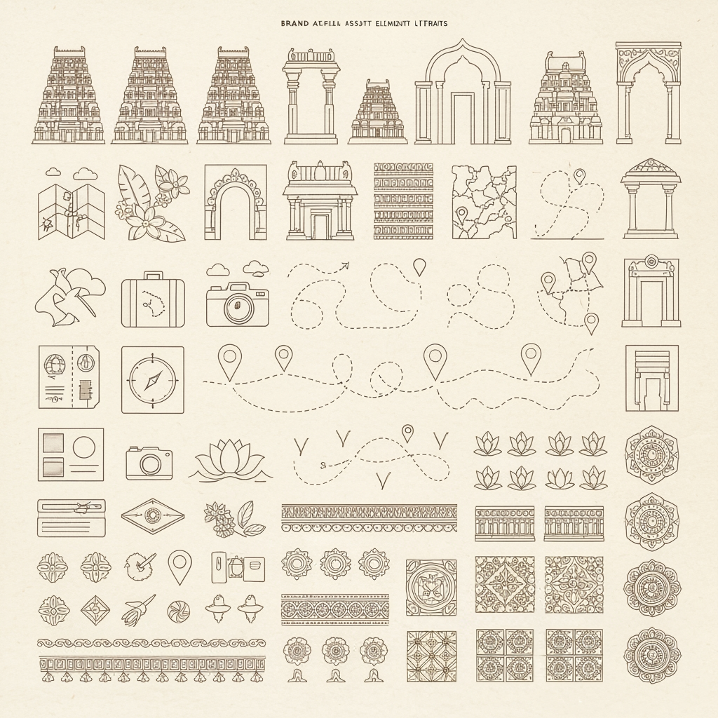 AI Design for Create a complete, cohesive graphic design element library for YĀTHIRAI, a contemporary South Indian cultural travel brand that celebrates heritage, architecture, traditions, local stories, and meaningful journeys. The visual identity should feel minimal, elegant, warm, handcrafted, timeless, and distinctly South Indian, while avoiding an overly religious, ornate, stereotypical, or touristy appearance.
Develop a large visual asset sheet containing a complete collection of graphic elements, arranged neatly like a professional brand identity presentation board on a warm ivory handmade-paper background.
Create abstract architectural motifs inspired by South Indian temple architecture, especially the visual language of Meenakshi Amman Temple in Madurai, Brihadeeswarar Temple in Thanjavur, and Ramanathaswamy Temple in Rameswaram. Do not directly copy the temples. Simplify their forms into clean geometric line-art motifs. Include simplified gopuram silhouettes, temple arches, carved pillars, corridor perspectives, vimana-inspired shapes, doorway forms, and architectural borders.
Create a collection of continuous-line journey motifs representing travel and movement. Include winding paths, dotted routes, abstract maps, compass symbols, location markers, roads connecting destinations, and flowing lines that subtly form the letter Y. Keep them simple enough to work as icons, patterns, animations, and small-scale brand applications.
Develop South Indian-inspired decorative patterns based on kolam geometry, floral carvings, temple borders, textile patterns, and traditional geometric repetitions. Make them contemporary and simplified rather than highly detailed. Include seamless repeating patterns, corner ornaments, horizontal borders, circular motifs, and small decorative separators.
Create a set of travel-related icons in one consistent line-art style: map, compass, camera, train, bus, suitcase, passport, ticket, postcard, guidebook, location pin, walking path, accommodation, food, culture, photography, heritage, and exploration.
Include subtle nature-inspired elements associated with South India: coconut palms, banana leaves, jasmine flowers, lotus flowers, waves, mountains, sun, birds, and flowing water. Keep these illustrations delicate and minimal.
Create a collection of heritage stamp and seal graphics, inspired by vintage travel stamps, railway tickets, postcards, and traditional printing. Include circular seals, rectangular stamps, destination badges, date marks, route markings, and abstract postal symbols.
The overall graphic language should use thin hand-drawn lines, controlled geometric shapes, subtle imperfections, balanced negative space, and refined editorial composition. Avoid excessive detail, cartoon styles, photorealism, gradients, 3D effects, generic Indian clip-art, elephants, Taj Mahal imagery, or random religious symbols.
Use a restrained colour palette of warm ivory, deep maroon, terracotta, muted mustard/gold, dark brown, sage green, and deep indigo. Present most elements in one or two colours so the system remains versatile.
The final sheet should look like a professional graphic identity asset library, with clearly separated sections for architectural motifs, journey elements, patterns, icons, nature illustrations, stamps, borders, and decorative elements, all belonging to one coherent YĀTHIRAI visual system.