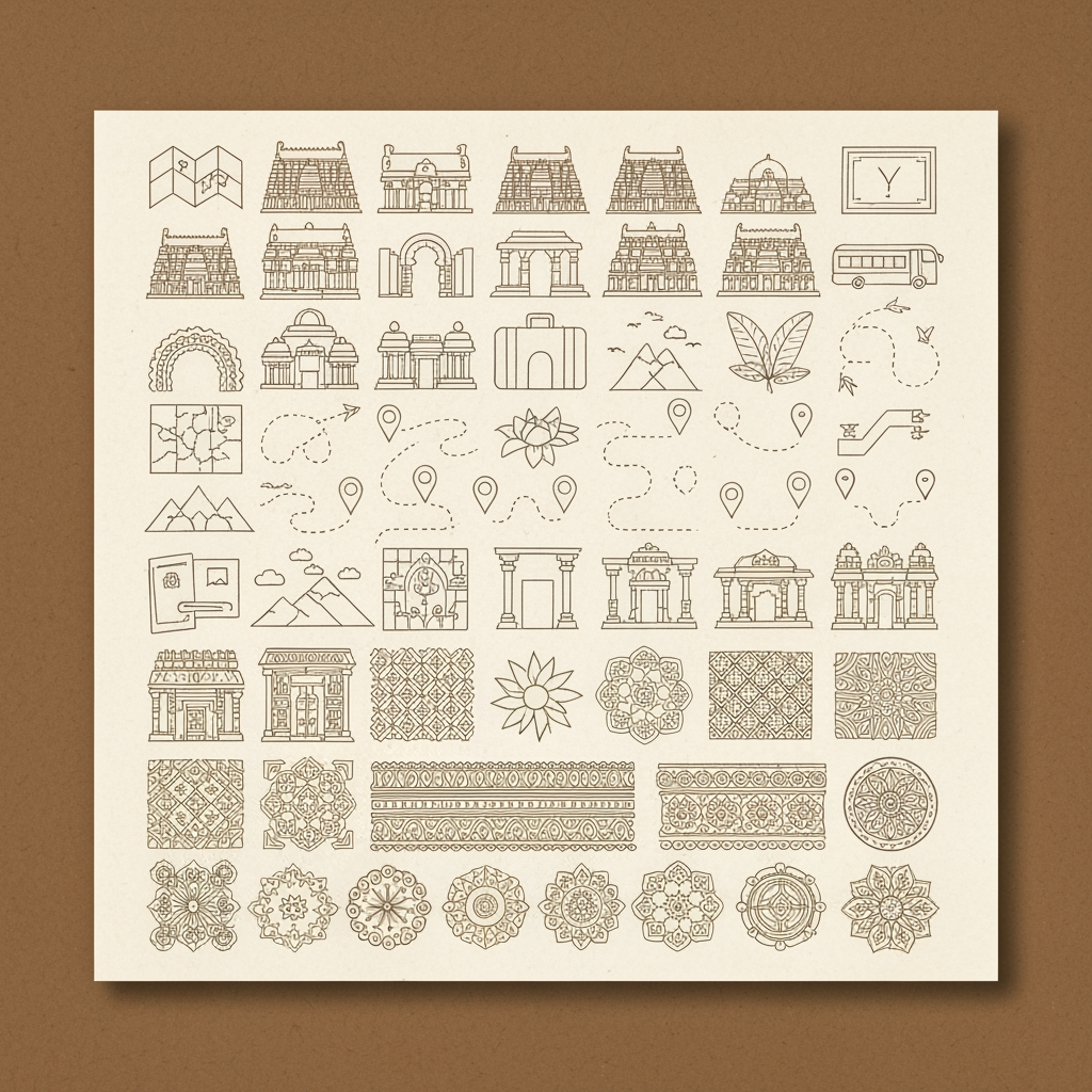 AI Design for Create a complete, cohesive graphic design element library for YĀTHIRAI, a contemporary South Indian cultural travel brand that celebrates heritage, architecture, traditions, local stories, and meaningful journeys. The visual identity should feel minimal, elegant, warm, handcrafted, timeless, and distinctly South Indian, while avoiding an overly religious, ornate, stereotypical, or touristy appearance.
Develop a large visual asset sheet containing a complete collection of graphic elements, arranged neatly like a professional brand identity presentation board on a warm ivory handmade-paper background.
Create abstract architectural motifs inspired by South Indian temple architecture, especially the visual language of Meenakshi Amman Temple in Madurai, Brihadeeswarar Temple in Thanjavur, and Ramanathaswamy Temple in Rameswaram. Do not directly copy the temples. Simplify their forms into clean geometric line-art motifs. Include simplified gopuram silhouettes, temple arches, carved pillars, corridor perspectives, vimana-inspired shapes, doorway forms, and architectural borders.
Create a collection of continuous-line journey motifs representing travel and movement. Include winding paths, dotted routes, abstract maps, compass symbols, location markers, roads connecting destinations, and flowing lines that subtly form the letter Y. Keep them simple enough to work as icons, patterns, animations, and small-scale brand applications.
Develop South Indian-inspired decorative patterns based on kolam geometry, floral carvings, temple borders, textile patterns, and traditional geometric repetitions. Make them contemporary and simplified rather than highly detailed. Include seamless repeating patterns, corner ornaments, horizontal borders, circular motifs, and small decorative separators.
Create a set of travel-related icons in one consistent line-art style: map, compass, camera, train, bus, suitcase, passport, ticket, postcard, guidebook, location pin, walking path, accommodation, food, culture, photography, heritage, and exploration.
Include subtle nature-inspired elements associated with South India: coconut palms, banana leaves, jasmine flowers, lotus flowers, waves, mountains, sun, birds, and flowing water. Keep these illustrations delicate and minimal.
Create a collection of heritage stamp and seal graphics, inspired by vintage travel stamps, railway tickets, postcards, and traditional printing. Include circular seals, rectangular stamps, destination badges, date marks, route markings, and abstract postal symbols.
The overall graphic language should use thin hand-drawn lines, controlled geometric shapes, subtle imperfections, balanced negative space, and refined editorial composition. Avoid excessive detail, cartoon styles, photorealism, gradients, 3D effects, generic Indian clip-art, elephants, Taj Mahal imagery, or random religious symbols.
Use a restrained colour palette of warm ivory, deep maroon, terracotta, muted mustard/gold, dark brown, sage green, and deep indigo. Present most elements in one or two colours so the system remains versatile.
The final sheet should look like a professional graphic identity asset library, with clearly separated sections for architectural motifs, journey elements, patterns, icons, nature illustrations, stamps, borders, and decorative elements, all belonging to one coherent YĀTHIRAI visual system.