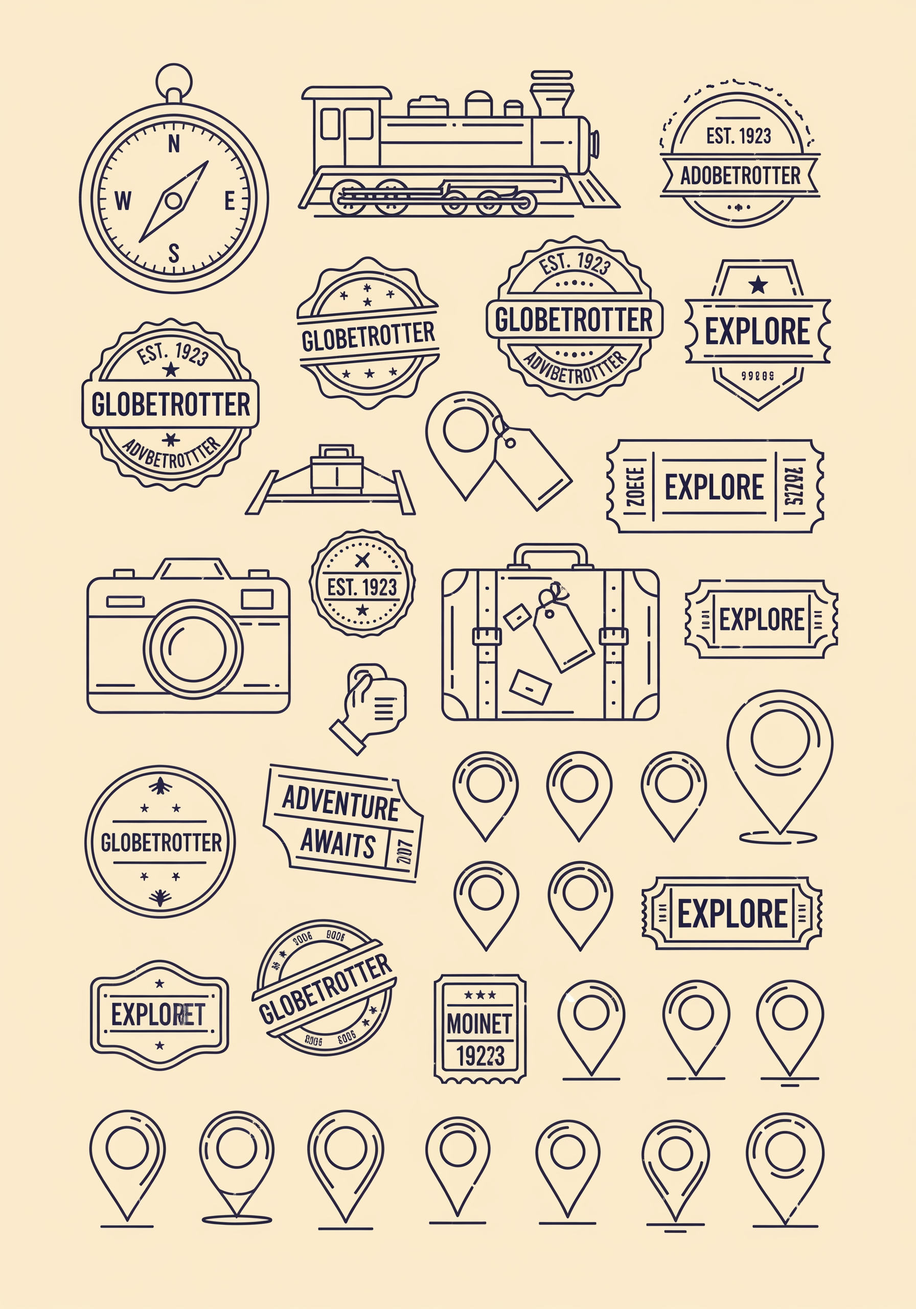AI Design for A cohesive collection of line-art icons and heritage stamps for a travel brand. Icons include a compass, train, camera, suitcase, and location pins, all in a uniform, thin-stroke style in deep indigo. The sheet also features circular and rectangular heritage-style travel stamps, ticket-inspired badges, and date marks. The look is organized and professional, with a focus on clean geometry and vintage printing influences on a warm ivory background.