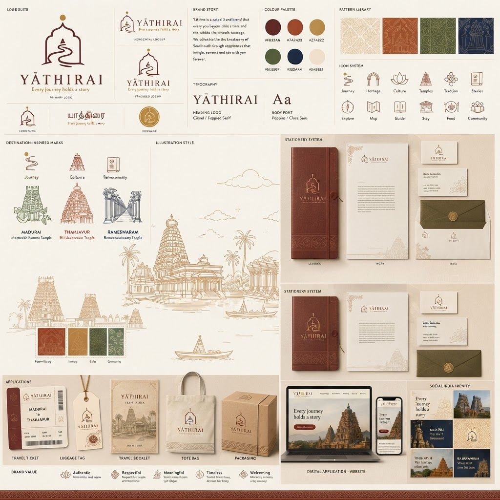 AI Design for Brand application mockup concept for Minimal South Indian travel graphics for YĀTHIRAI: temple arches, gopurams, pillars, kolam patterns, palm leaves, floral motifs, travel routes, maps, stamps, tickets and cultural icons. Elegant hand-drawn line art, ivory, maroon, terracotta, gold and sage palette. Clean, refined, contemporary, not ornate.. Multiple branded touchpoints in one refined composition, such as stationery, packaging, digital screen, signage, or apparel, realistic materials, no invented readable copy.
Incorporate the attached brand element reference image (Reference A: brand element "Yāthirai Brand Identity") into the composition where natural — preserve the depicted brand element's appearance.