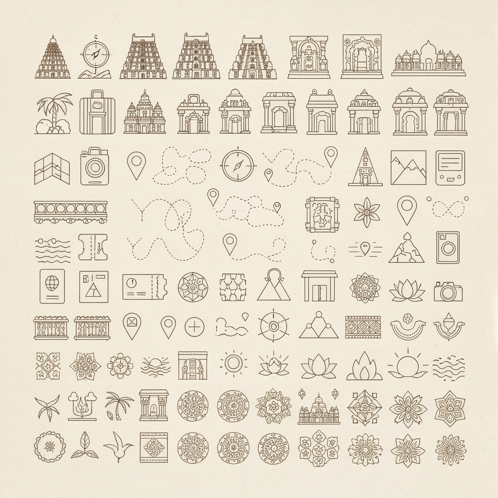 AI Design for Create a complete, cohesive graphic design element library for YĀTHIRAI, a contemporary South Indian cultural travel brand that celebrates heritage, architecture, traditions, local stories, and meaningful journeys. The visual identity should feel minimal, elegant, warm, handcrafted, timeless, and distinctly South Indian, while avoiding an overly religious, ornate, stereotypical, or touristy appearance.
Develop a large visual asset sheet containing a complete collection of graphic elements, arranged neatly like a professional brand identity presentation board on a warm ivory handmade-paper background.
Create abstract architectural motifs inspired by South Indian temple architecture, especially the visual language of Meenakshi Amman Temple in Madurai, Brihadeeswarar Temple in Thanjavur, and Ramanathaswamy Temple in Rameswaram. Do not directly copy the temples. Simplify their forms into clean geometric line-art motifs. Include simplified gopuram silhouettes, temple arches, carved pillars, corridor perspectives, vimana-inspired shapes, doorway forms, and architectural borders.
Create a collection of continuous-line journey motifs representing travel and movement. Include winding paths, dotted routes, abstract maps, compass symbols, location markers, roads connecting destinations, and flowing lines that subtly form the letter Y. Keep them simple enough to work as icons, patterns, animations, and small-scale brand applications.
Develop South Indian-inspired decorative patterns based on kolam geometry, floral carvings, temple borders, textile patterns, and traditional geometric repetitions. Make them contemporary and simplified rather than highly detailed. Include seamless repeating patterns, corner ornaments, horizontal borders, circular motifs, and small decorative separators.
Create a set of travel-related icons in one consistent line-art style: map, compass, camera, train, bus, suitcase, passport, ticket, postcard, guidebook, location pin, walking path, accommodation, food, culture, photography, heritage, and exploration.
Include subtle nature-inspired elements associated with South India: coconut palms, banana leaves, jasmine flowers, lotus flowers, waves, mountains, sun, birds, and flowing water. Keep these illustrations delicate and minimal.
Create a collection of heritage stamp and seal graphics, inspired by vintage travel stamps, railway tickets, postcards, and traditional printing. Include circular seals, rectangular stamps, destination badges, date marks, route markings, and abstract postal symbols.
The overall graphic language should use thin hand-drawn lines, controlled geometric shapes, subtle imperfections, balanced negative space, and refined editorial composition. Avoid excessive detail, cartoon styles, photorealism, gradients, 3D effects, generic Indian clip-art, elephants, Taj Mahal imagery, or random religious symbols.
Use a restrained colour palette of warm ivory, deep maroon, terracotta, muted mustard/gold, dark brown, sage green, and deep indigo. Present most elements in one or two colours so the system remains versatile.
The final sheet should look like a professional graphic identity asset library, with clearly separated sections for architectural motifs, journey elements, patterns, icons, nature illustrations, stamps, borders, and decorative elements, all belonging to one coherent YĀTHIRAI visual system.