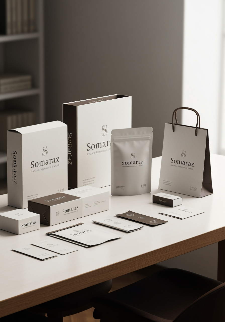 AI Design for Premium packaging mockup concept for logo for someraz it is a platform for influencers and brands. Brand identity applied to realistic boxes, pouches, labels, wraps, or bags as appropriate, polished tabletop scene, tactile materials, no invented readable copy.