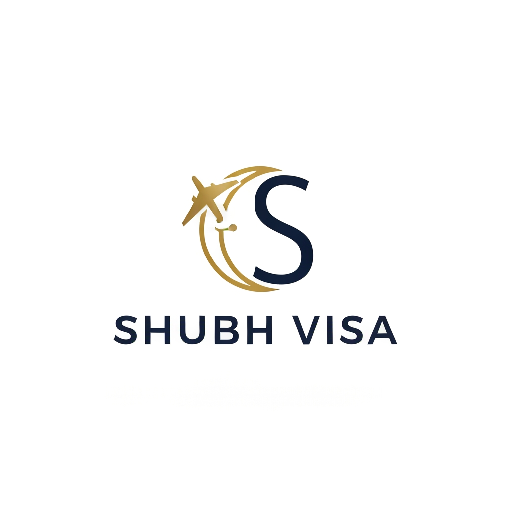 AI Design for A luxury minimalist logo for a high-end visa and immigration consultancy named "Shubh Visa". Features a clean, abstract combination of a subtle plane trajectory or globe line merging with a stylized letter 'S'. Elegant gold and deep navy blue color scheme on a clean white background. Flat vector design, geometric precision, modern typography, premium aesthetic, premium branding, vector, highly detailed, no realistic photorealism