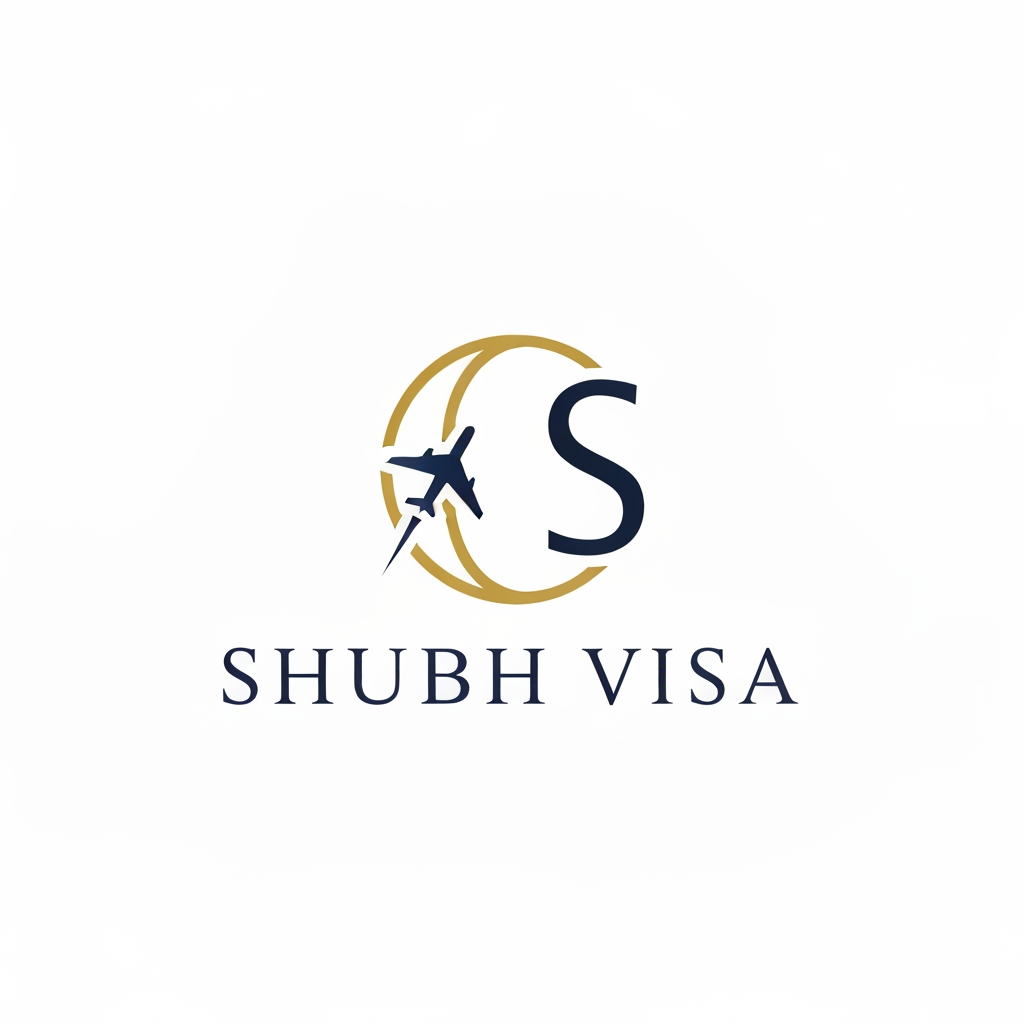 AI Design for A luxury minimalist logo for a high-end visa and immigration consultancy named "Shubh Visa". Features a clean, abstract combination of a subtle plane trajectory or globe line merging with a stylized letter 'S'. Elegant gold and deep navy blue color scheme on a clean white background. Flat vector design, geometric precision, modern typography, premium aesthetic, premium branding, vector, highly detailed, no realistic photorealism