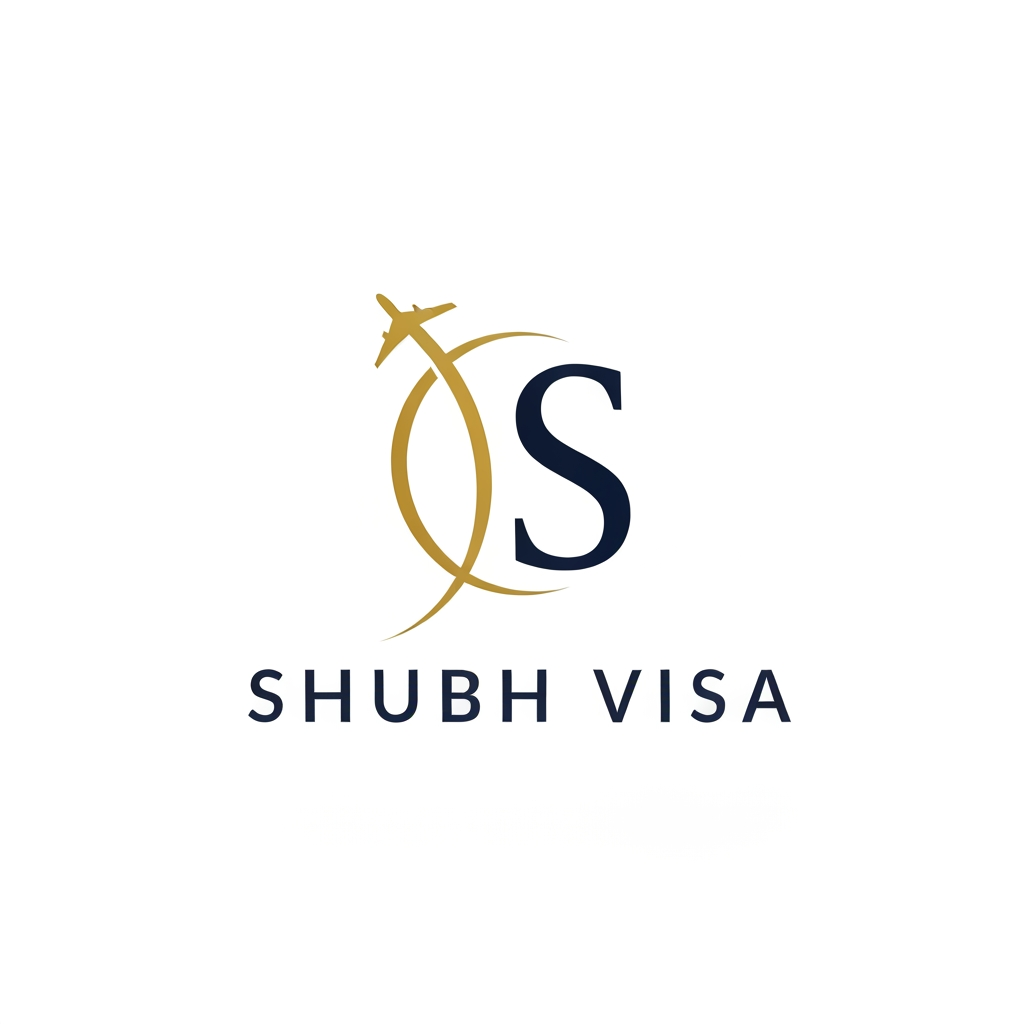 AI Design for A luxury minimalist logo for a high-end visa and immigration consultancy named "Shubh Visa". Features a clean, abstract combination of a subtle plane trajectory or globe line merging with a stylized letter 'S'. Elegant gold and deep navy blue color scheme on a clean white background. Flat vector design, geometric precision, modern typography, premium aesthetic, premium branding, vector, highly detailed, no realistic photorealism