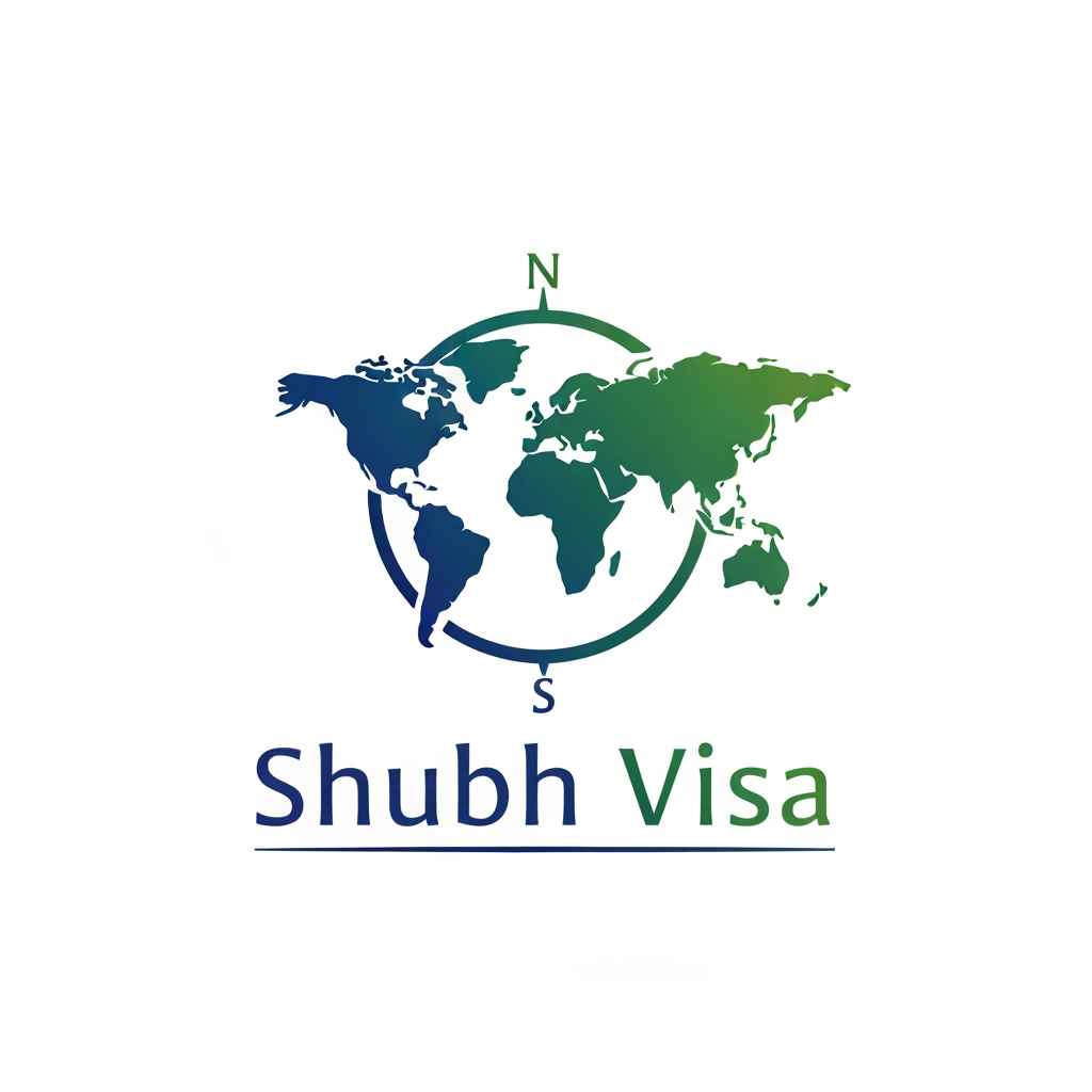 AI Design for Professional vector logo design for a premium travel and visa consultancy, "Shubh Visa". Incorporates a sophisticated passport seal or globe emblem integrated with a sleek, forward-moving wing icon. Color palette: Royal blue, emerald green, and gold accents. Flat design, corporate identity, clean lines, sharp typography, minimalist style, vector graphics, white background.