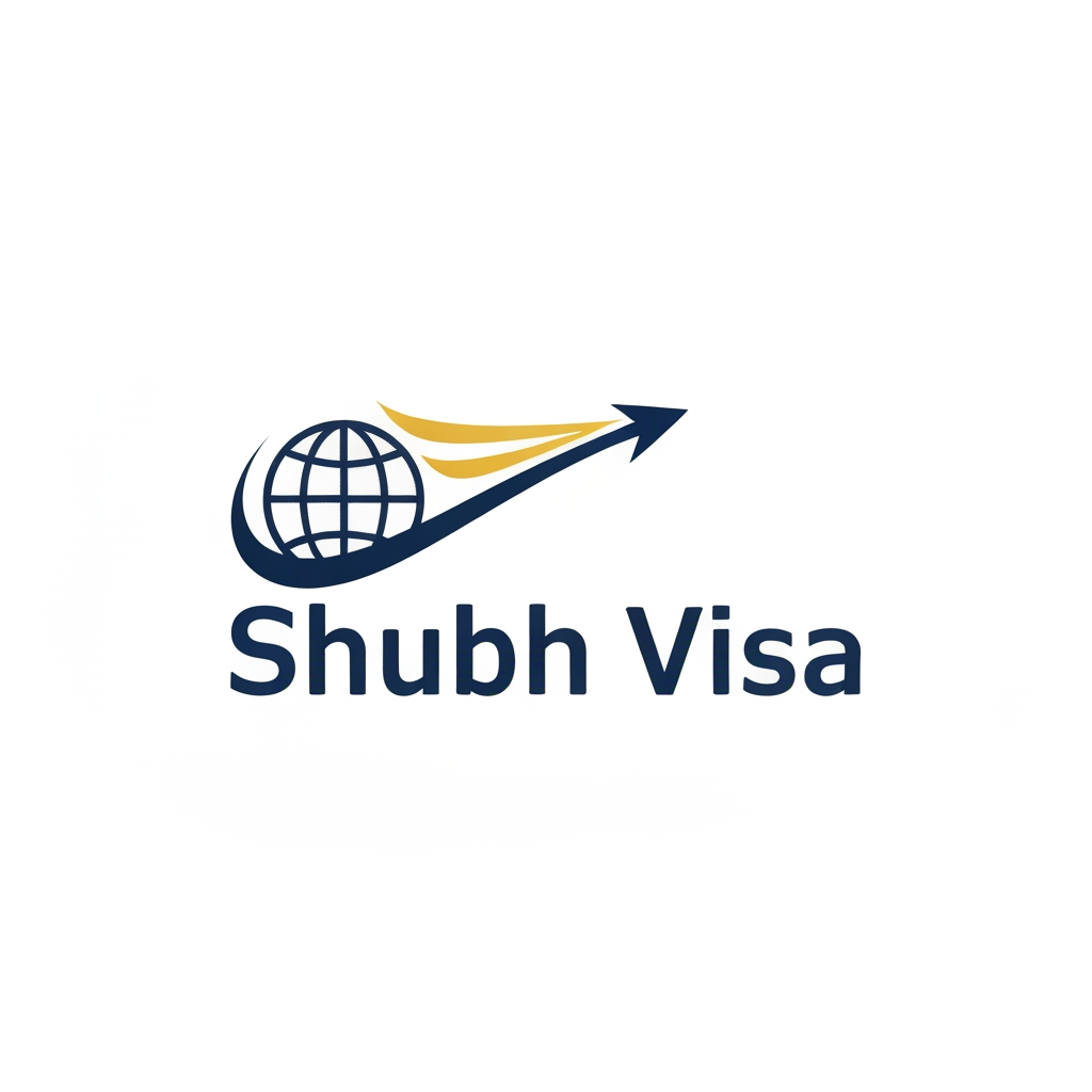 AI Design for Professional vector logo design for a premium travel and visa consultancy, "Shubh Visa". Incorporates a sophisticated passport seal or globe emblem integrated with a sleek, forward-moving wing icon. Color palette: Royal blue, emerald green, and gold accents. Flat design, corporate identity, clean lines, sharp typography, minimalist style, vector graphics, white background.