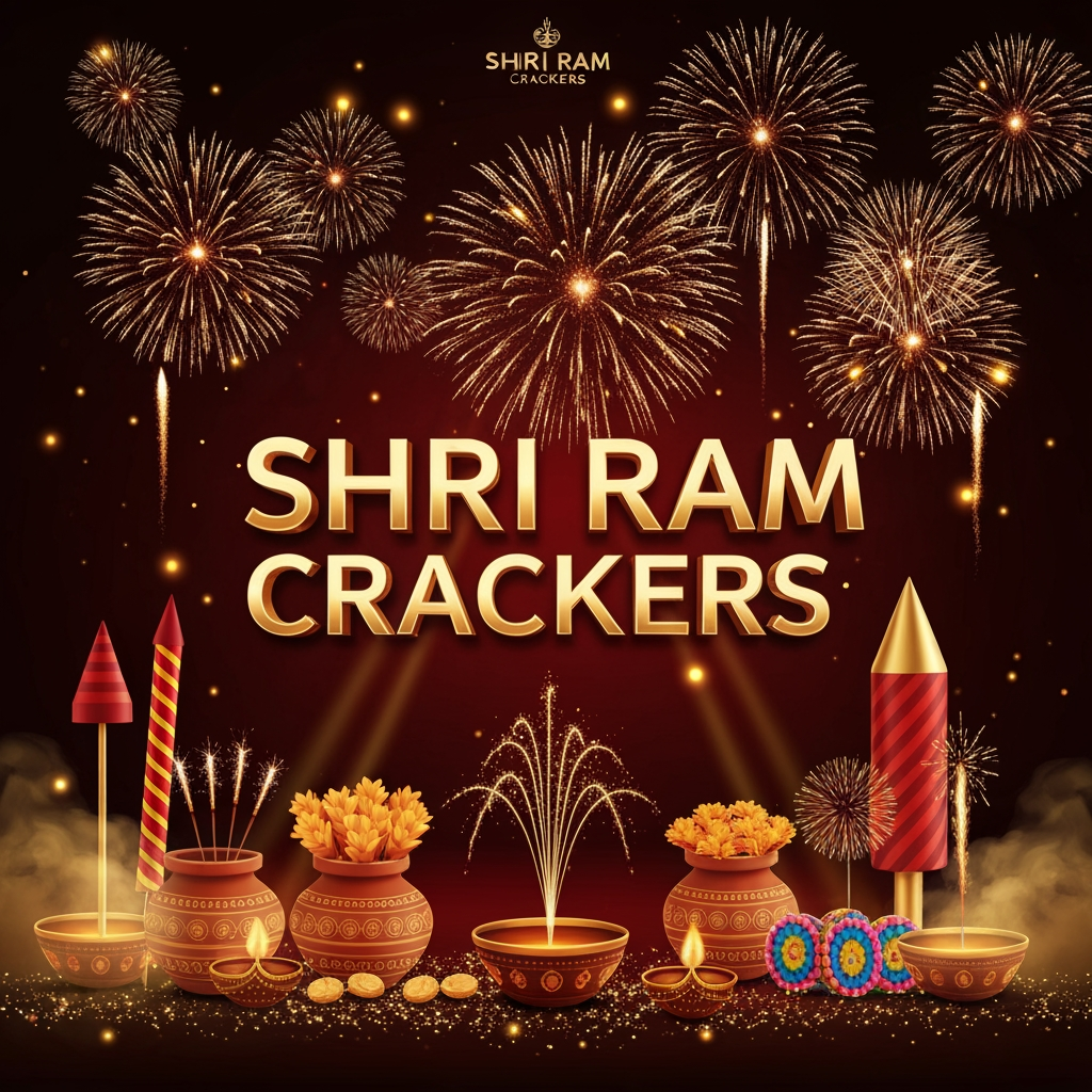 AI Design for Create a premium, highly realistic promotional poster for **“SHRI RAM CRACKERS”**, an Indian fireworks and crackers brand. Use a luxurious **deep red, black, and golden** color theme with glowing golden particles and spectacular fireworks exploding in the night sky. Place the text **“SHRI RAM CRACKERS”** prominently at the center in elegant, bold 3D golden typography. Add beautifully arranged fireworks products such as flower pots, sparklers, rockets, chakras, fountains, and colorful fireworks around the bottom and sides. Include subtle traditional Indian festive elements, golden light rays, smoke effects, glitter particles, and a rich Diwali celebration atmosphere. Premium commercial advertising photography, cinematic lighting, ultra-detailed, realistic fireworks, dramatic composition, high contrast, luxury Indian festival branding, professional poster design, 4K, vertical 4:5 Instagram poster.