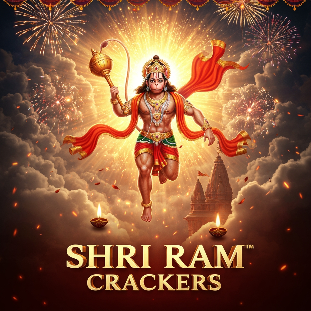 AI Design for Create a spectacular, cinematic Indian fireworks advertisement poster for **“SHRI RAM CRACKERS”**.
Show **Lord Hanuman flying majestically through the night sky**, inspired by traditional Indian devotional art, with a powerful heroic pose, flowing red/orange cloth, golden ornaments, detailed divine appearance, and his **gada (mace)** in one hand. Hanuman should appear as the main central character, flying forward through dramatic clouds with one leg extended, surrounded by a brilliant **golden divine aura** and rays of light.
Behind him, create a breathtaking night sky filled with colorful fireworks, golden sparks, glowing embers, and dramatic clouds. Add subtle traditional Indian temple architecture and warm glowing diyas near the bottom.
Place the brand name **“SHRI RAM CRACKERS”** prominently in large, luxurious **golden 3D typography** at the bottom, with elegant red highlights and a premium embossed effect.
The overall composition should feel **powerful, divine, festive, energetic, premium, and majestic**, like a high-budget Indian Diwali fireworks advertisement. Ultra-realistic cinematic lighting, dramatic atmosphere, detailed character rendering, volumetric light rays, realistic fireworks and smoke, rich red, saffron, gold and black color palette, extremely detailed, sharp focus, professional commercial poster, 4K, vertical 4:5 composition.