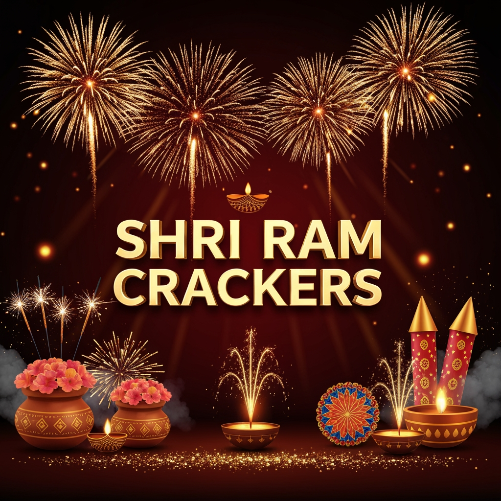 AI Design for Create a premium, highly realistic promotional poster for **“SHRI RAM CRACKERS”**, an Indian fireworks and crackers brand. Use a luxurious **deep red, black, and golden** color theme with glowing golden particles and spectacular fireworks exploding in the night sky. Place the text **“SHRI RAM CRACKERS”** prominently at the center in elegant, bold 3D golden typography. Add beautifully arranged fireworks products such as flower pots, sparklers, rockets, chakras, fountains, and colorful fireworks around the bottom and sides. Include subtle traditional Indian festive elements, golden light rays, smoke effects, glitter particles, and a rich Diwali celebration atmosphere. Premium commercial advertising photography, cinematic lighting, ultra-detailed, realistic fireworks, dramatic composition, high contrast, luxury Indian festival branding, professional poster design, 4K, vertical 4:5 Instagram poster.