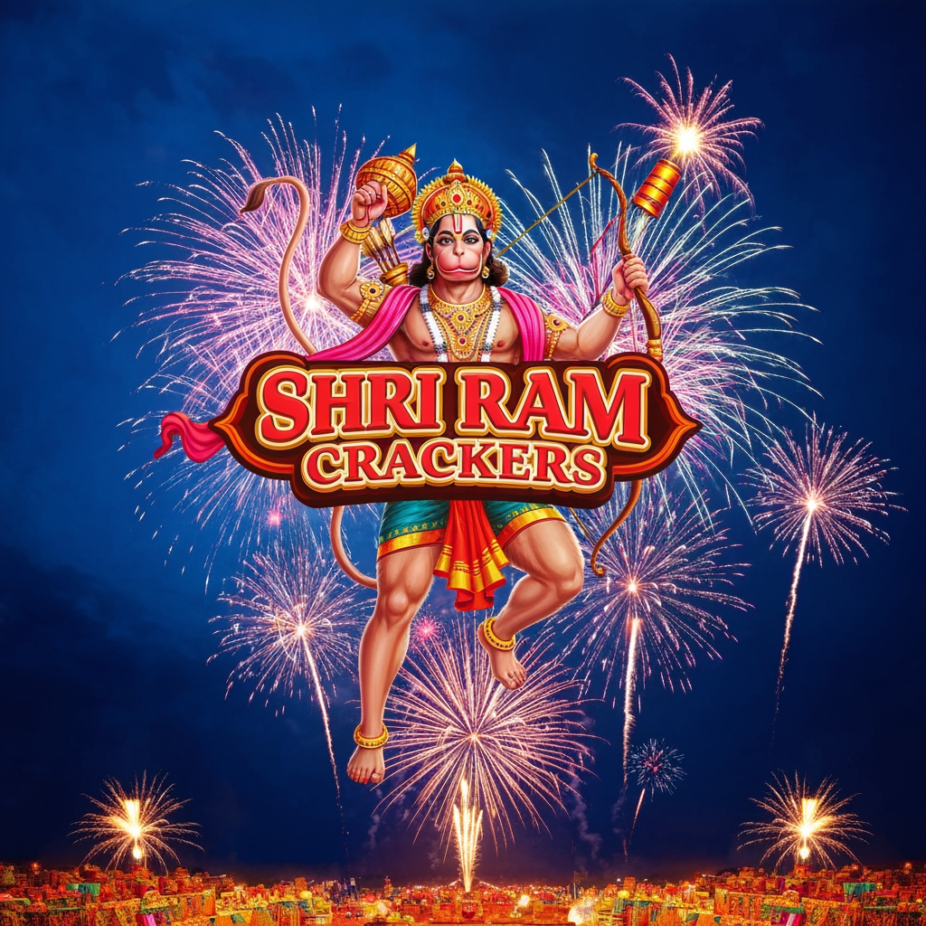 AI Design for i want to cerate a poster for my fireworks shop named shri ram crackers with a logo of lord hanuman