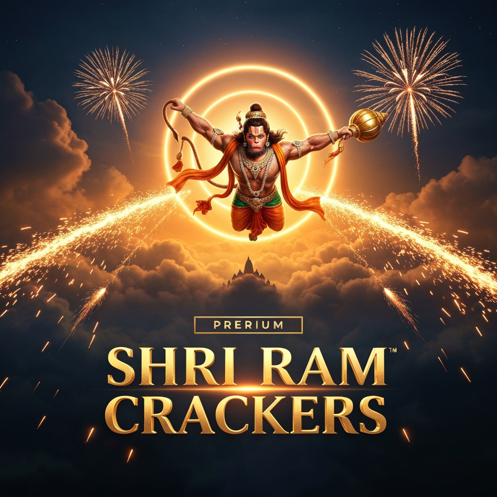 AI Design for Create an **EXTREMELY UNIQUE, CINEMATIC, PREMIUM FIREWORKS BRAND POSTER** for **SHRI RAM CRACKERS**. Do NOT create a conventional Indian crackers advertisement. The design must look like a **high-budget Indian mythological action movie poster combined with a luxury fireworks campaign**.
### HERO COMPOSITION
Show **Lord Hanuman flying directly toward the viewer from the sky**, creating an intense sense of depth and motion. Use a dramatic low-angle perspective so Hanuman appears enormous and powerful.
His body should emerge through thick cinematic clouds, with his flowing saffron cloth and ornaments moving dynamically in the wind. His **gada** should be prominently visible. Give him a majestic divine expression, detailed traditional Indian features, realistic golden ornaments and a powerful glowing **orange-gold divine aura**.
Instead of simply placing Hanuman in front of fireworks, make the fireworks **interact with the environment** around him.
Thousands of golden sparks should stream behind him like a comet trail. Huge fireworks should explode in the distant sky, while smaller sparks pass naturally in front of the camera, creating extreme depth.
### UNIQUE SKY
Create a dramatic **deep midnight-blue sky transitioning into black**, filled with enormous clouds illuminated from underneath by orange and gold light.
In the far background, create a subtle glowing **Ayodhya-inspired temple skyline**, almost hidden inside the atmosphere.
A giant circular golden light behind Hanuman should resemble a **divine solar halo**, but keep it cinematic and realistic rather than cartoon-like.
### BRAND DESIGN
Do NOT put the brand name in a normal rectangular banner.
Create a **premium floating metallic-gold emblem** integrated into the environment.
The main title:
**SHRI RAM CRACKERS**
should appear in large, elegant, dimensional golden lettering beneath Hanuman, with subtle glowing edges and embossed Indian ornamental details.
Make the typography look like a **luxury movie title**, not a normal shop advertisement.
### CONTACT DESIGN
At the very bottom, create a minimal premium black-and-gold information strip.
Display:
**SHRI RAM CRACKERS**
**7530021381 | 9361777972**
Keep the contact numbers perfectly readable and visually balanced.
### CINEMATIC DETAILS
Add:
* flying golden embers
* realistic smoke
* volumetric light beams
* sparks passing close to the camera
* dramatic motion blur on selected particles
* subtle lens flare
* atmospheric depth
* realistic cloth movement
* glowing divine particles
* distant fireworks reflected through the clouds
* tiny diyas far below
* subtle gold dust floating through the scene
### COLOR & STYLE
Use an unusual **midnight blue + burnt orange + antique gold** palette instead of the typical bright red poster.
The image should feel:
**DIVINE + POWERFUL + CINEMATIC + PREMIUM + MYSTERIOUS + FESTIVE**
Photorealistic cinematic rendering, extremely detailed Lord Hanuman, realistic skin and fabric textures, physically realistic lighting, volumetric clouds, dramatic perspective, anamorphic cinematic look, deep shadows, high dynamic range, premium advertising photography, sophisticated composition, 8K-quality detail.
### FINAL FORMAT
Vertical **4:5 Instagram poster**.
NO generic crackers shop design.
NO cheap clip-art appearance.
NO overcrowded product collage.
NO random text.
NO cartoon style.
NO generic red background.
NO standard fireworks template.
The final result should look like **a poster people would stop scrolling to look at**, with an unmistakable premium identity for **SHRI RAM CRACKERS**.