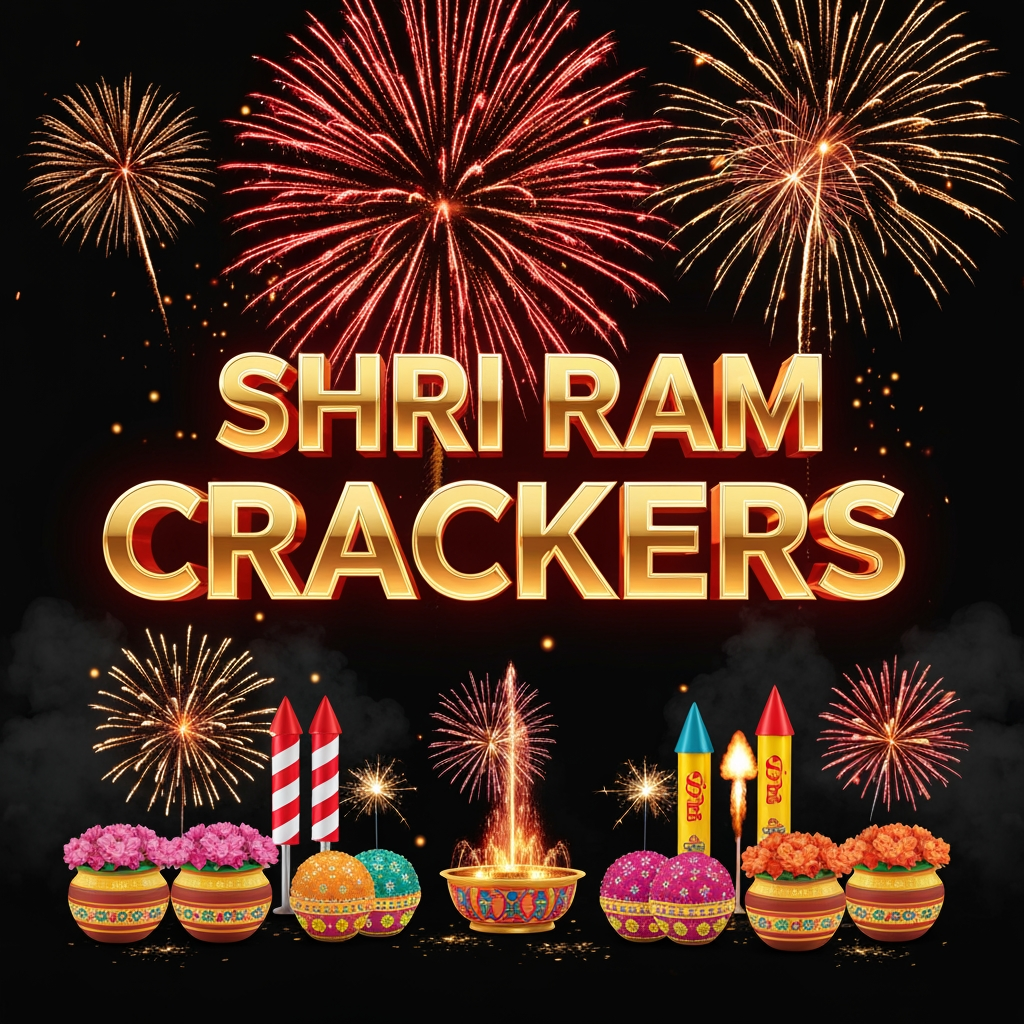 AI Design for Create a modern, eye-catching Instagram promotional poster for **SHRI RAM CRACKERS**. Dark black background with intense **red and golden fireworks** exploding dramatically behind the brand name. Place “SHRI RAM CRACKERS” in huge premium metallic gold 3D letters with a glowing red outline. Arrange colorful fireworks products in a stylish symmetrical composition at the bottom, including flower pots, sparklers, rockets, fountains, and aerial fireworks. Add dynamic golden sparks flying across the frame, realistic smoke, lens flares, glowing particles, dramatic shadows, premium product photography, cinematic lighting, luxury branding, sharp details, vibrant colors, high-end Indian festival advertising style, 4K, vertical 4:5 composition, suitable for Instagram.