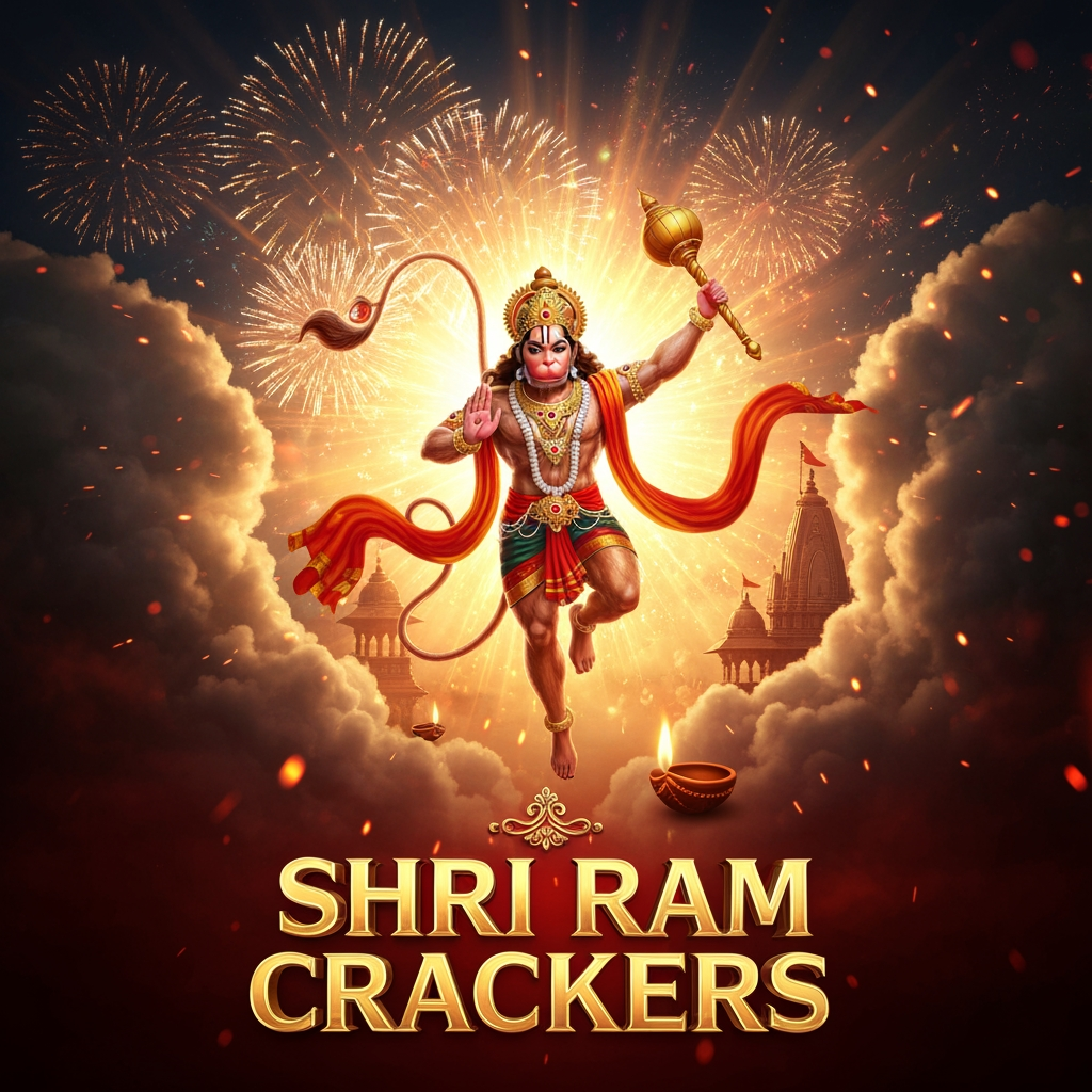 AI Design for Create a spectacular, cinematic Indian fireworks advertisement poster for **“SHRI RAM CRACKERS”**.
Show **Lord Hanuman flying majestically through the night sky**, inspired by traditional Indian devotional art, with a powerful heroic pose, flowing red/orange cloth, golden ornaments, detailed divine appearance, and his **gada (mace)** in one hand. Hanuman should appear as the main central character, flying forward through dramatic clouds with one leg extended, surrounded by a brilliant **golden divine aura** and rays of light.
Behind him, create a breathtaking night sky filled with colorful fireworks, golden sparks, glowing embers, and dramatic clouds. Add subtle traditional Indian temple architecture and warm glowing diyas near the bottom.
Place the brand name **“SHRI RAM CRACKERS”** prominently in large, luxurious **golden 3D typography** at the bottom, with elegant red highlights and a premium embossed effect.
The overall composition should feel **powerful, divine, festive, energetic, premium, and majestic**, like a high-budget Indian Diwali fireworks advertisement. Ultra-realistic cinematic lighting, dramatic atmosphere, detailed character rendering, volumetric light rays, realistic fireworks and smoke, rich red, saffron, gold and black color palette, extremely detailed, sharp focus, professional commercial poster, 4K, vertical 4:5 composition.