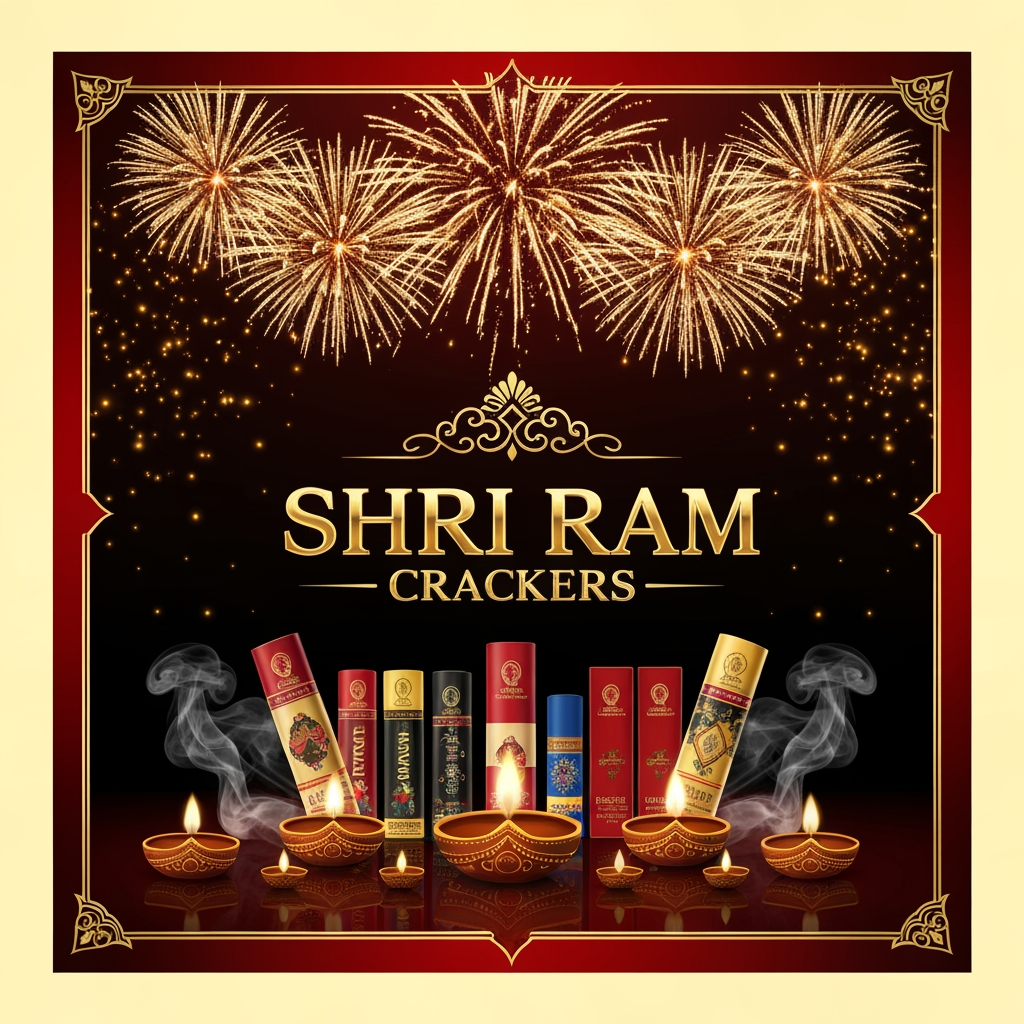 AI Design for Design an ultra-premium luxury fireworks poster for **SHRI RAM CRACKERS**. Create a majestic black and royal red background with an elegant golden ornamental frame. A spectacular golden fireworks display fills the upper background while hundreds of tiny glowing sparks surround the composition. Place **SHRI RAM CRACKERS** in the center using sophisticated royal gold embossed typography with a subtle 3D effect. Below the logo, showcase premium fireworks products arranged like a luxury product collection. Add golden diyas, decorative Indian patterns, glowing smoke, reflections, and cinematic highlights. The overall design should look like a high-budget professional Indian fireworks brand advertisement, elegant, powerful, festive, realistic, ultra-detailed, 4K, vertical 4:5 poster.