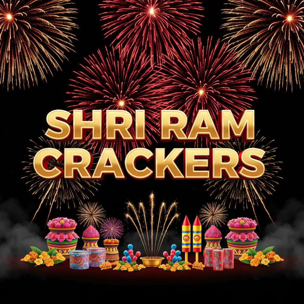 AI Design for Create a modern, eye-catching Instagram promotional poster for **SHRI RAM CRACKERS**. Dark black background with intense **red and golden fireworks** exploding dramatically behind the brand name. Place “SHRI RAM CRACKERS” in huge premium metallic gold 3D letters with a glowing red outline. Arrange colorful fireworks products in a stylish symmetrical composition at the bottom, including flower pots, sparklers, rockets, fountains, and aerial fireworks. Add dynamic golden sparks flying across the frame, realistic smoke, lens flares, glowing particles, dramatic shadows, premium product photography, cinematic lighting, luxury branding, sharp details, vibrant colors, high-end Indian festival advertising style, 4K, vertical 4:5 composition, suitable for Instagram.