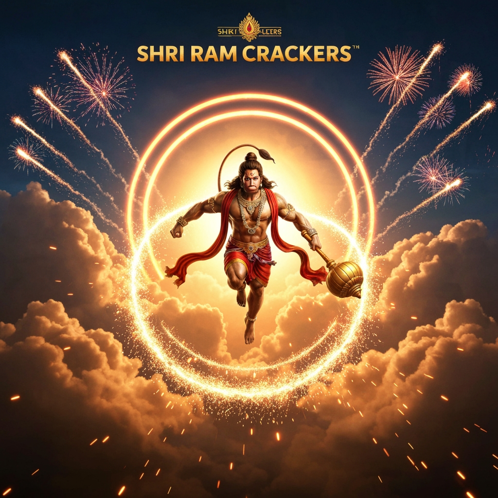 AI Design for Create a **unique, cinematic, visually stunning Indian fireworks advertisement poster** for **SHRI RAM CRACKERS**.
The poster must look like a high-budget **mythological action movie poster**, not a conventional crackers-shop advertisement.
### MAIN HERO — LORD HANUMAN
Show **Lord Hanuman flying directly toward the viewer through the sky**, creating an extremely powerful sense of depth and motion.
Use a dramatic low-angle perspective so Hanuman appears huge and heroic. His body should emerge through thick, realistic cinematic clouds.
Show:
* Traditional divine Indian appearance
* Detailed golden ornaments
* Flowing saffron and red garments moving dynamically in the wind
* Powerful facial expression
* His **gada (mace)** clearly visible
* Strong muscular heroic physique
* A brilliant orange-golden divine aura surrounding him
Hanuman should be the **main focal point of the entire poster**.
### FIREWORKS — INTEGRATED WITH HANUMAN
Do NOT simply place fireworks behind Hanuman.
Make the fireworks feel like they are being **created by Hanuman's movement and divine energy**.
As Hanuman flies forward, his movement should leave behind a spectacular trail of thousands of golden sparks.
His gada should create a massive circular wave of golden energy and sparks, and this energy should transform into colorful fireworks exploding across the distant sky.
Add fireworks at different depths:
* Huge distant fireworks behind the clouds
* Medium fireworks around Hanuman
* Tiny sparks extremely close to the camera
* Golden embers flying through the foreground
* Long glowing firework trails crossing the sky
This should create an incredible **3D cinematic depth effect**.
### BACKGROUND
Use a dramatic **midnight-blue to black sky**.
Fill the sky with enormous realistic clouds illuminated from below by **burnt orange, golden and saffron light**.
Behind Hanuman, create a gigantic circular golden divine halo that looks like a combination of **sunlight and sacred energy**.
Deep in the background, almost hidden inside the atmosphere, include a subtle **Ayodhya-inspired temple skyline** with tiny glowing lights.
The temple should remain atmospheric and secondary—not distract from Hanuman.
### COLOR PALETTE
Use ONLY a sophisticated combination of:
**Midnight Blue + Deep Black + Burnt Orange + Saffron + Antique Gold**
Avoid the typical bright red fireworks-poster appearance.
The colors should feel cinematic, dramatic and sophisticated.
### BRAND NAME
Place the main brand name:
**SHRI RAM CRACKERS**
under Hanuman in a visually integrated position.
Use large **antique-gold dimensional lettering**, inspired by an Indian mythological movie title.
The lettering should have:
* Elegant gold texture
* Subtle 3D depth
* Soft golden glow
* Fine Indian ornamental detailing
* Excellent readability
Do NOT place the brand inside a cheap rectangular banner.
### CONTACT INFORMATION
At the **very bottom of the poster**, add a clean and elegant dark section that naturally blends into the night sky.
Display:
**SHRI RAM CRACKERS**
**7530021381 | 9361777972**
Make the phone numbers clearly readable but smaller than the main brand name.
Use simple elegant gold/cream typography.
The contact information must look like a **natural part of the poster design**, not an advertisement sticker or large banner.
### CINEMATIC ATMOSPHERE
Add:
* Volumetric golden light rays
* Realistic smoke
* Flying embers
* Glowing particles
* Atmospheric haze
* Subtle lens flare
* Realistic cloth movement
* Firework reflections inside clouds
* Golden dust particles
* Tiny distant diyas
* Dramatic shadows
* Strong depth of field
* Cinematic motion
* Realistic illumination
### VISUAL STYLE
Extremely detailed and realistic Lord Hanuman.
Photorealistic cinematic rendering, realistic fabric and metal textures, physically accurate lighting, volumetric clouds, dramatic perspective, atmospheric depth, cinematic color grading, high dynamic range, sophisticated Indian mythological visual style, spectacular fireworks, movie-poster composition, ultra-sharp details, 8K-quality appearance.
### IMPORTANT
The poster must feel **different from ordinary fireworks posters**.
Do NOT use:
* Generic red background
* Generic crackers shop template
* Cartoon Hanuman
* Cheap clip-art
* Product collage
* Excessive decorative borders
* Random text
* Overcrowded layout
* Large contact-number banner
* Words such as “PREMIUM”, “LUXURY”, “BEST”, or “NO.1” anywhere on the poster
Only display the required branding and contact information.
### REQUIRED TEXT — EXACTLY
**SHRI RAM CRACKERS**
**7530021381 | 9361777972**
No spelling mistakes. No extra words. No additional phone numbers.
### FORMAT
Vertical **4:5 Instagram poster**, highly detailed, cinematic composition, professional commercial advertising artwork, dramatic and visually unforgettable.