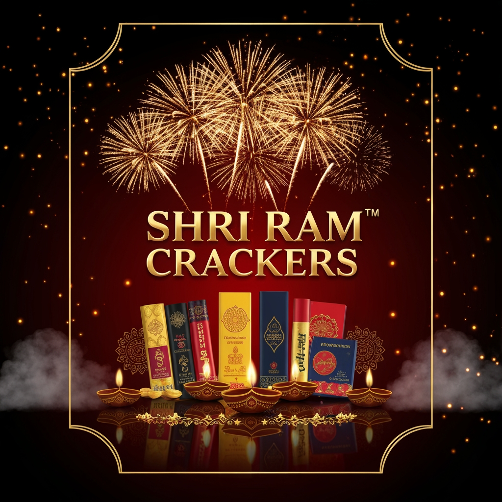 AI Design for Design an ultra-premium luxury fireworks poster for **SHRI RAM CRACKERS**. Create a majestic black and royal red background with an elegant golden ornamental frame. A spectacular golden fireworks display fills the upper background while hundreds of tiny glowing sparks surround the composition. Place **SHRI RAM CRACKERS** in the center using sophisticated royal gold embossed typography with a subtle 3D effect. Below the logo, showcase premium fireworks products arranged like a luxury product collection. Add golden diyas, decorative Indian patterns, glowing smoke, reflections, and cinematic highlights. The overall design should look like a high-budget professional Indian fireworks brand advertisement, elegant, powerful, festive, realistic, ultra-detailed, 4K, vertical 4:5 poster.
