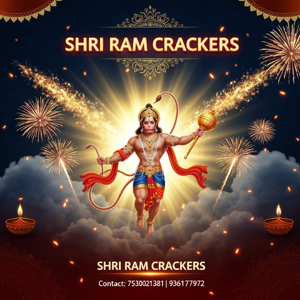 AI Design for Create a premium, cinematic and highly attractive **Indian fireworks promotional poster** for a fireworks shop named **“SHRI RAM CRACKERS”**.
### Main Visual
Show **Lord Hanuman flying majestically through the night sky**, inspired by traditional Indian devotional artwork. Hanuman should have a powerful heroic appearance, detailed golden ornaments, flowing saffron/red garments, and his **gada (mace)** in his hand. Show him flying dynamically through dramatic clouds with a bright **golden divine aura** surrounding his body.
Behind Lord Hanuman, create a spectacular display of **colorful fireworks**, golden aerial explosions, sparkling trails, glowing embers and realistic smoke. Use dramatic golden light rays coming from behind Hanuman to create a divine and powerful atmosphere.
### Poster Branding
At the **top or center**, prominently display:
**SHRI RAM CRACKERS**
Use large, bold, premium **golden 3D typography** with a subtle red glow and elegant Indian decorative styling. The text must be extremely clear and readable.
### Shop Information
At the **bottom of the poster**, create a clean premium information section.
Display:
**SHRI RAM CRACKERS**
**Contact: 7530021381 | 9361777972**
Make the shop name slightly larger and the phone numbers clearly readable underneath it. Use elegant golden/white typography with a subtle glow.
### Overall Design
Use a luxurious **red + saffron + gold + black + deep blue** color palette. Include subtle Indian temple patterns, glowing diyas, golden particles and festive decorative elements without making the poster overcrowded.
The final poster should look like a **professional high-budget Diwali fireworks advertisement**, combining **devotion, power, celebration and luxury**.
Ultra-detailed Lord Hanuman, realistic cinematic lighting, volumetric rays, realistic fireworks, dramatic clouds, glowing particles, premium product advertising, sharp typography, symmetrical composition, high contrast, rich colors, 4K quality, **vertical 4:5 Instagram poster**.
**IMPORTANT TEXT ACCURACY:** Render the following text exactly and clearly:
**SHRI RAM CRACKERS**
**7530021381**
**9361777972**
Do not alter, misspell, duplicate, or distort the shop name or phone numbers.