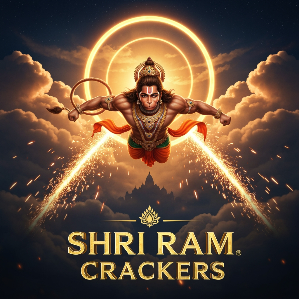AI Design for Create an **EXTREMELY UNIQUE, CINEMATIC, PREMIUM FIREWORKS BRAND POSTER** for **SHRI RAM CRACKERS**. Do NOT create a conventional Indian crackers advertisement. The design must look like a **high-budget Indian mythological action movie poster combined with a luxury fireworks campaign**.
### HERO COMPOSITION
Show **Lord Hanuman flying directly toward the viewer from the sky**, creating an intense sense of depth and motion. Use a dramatic low-angle perspective so Hanuman appears enormous and powerful.
His body should emerge through thick cinematic clouds, with his flowing saffron cloth and ornaments moving dynamically in the wind. His **gada** should be prominently visible. Give him a majestic divine expression, detailed traditional Indian features, realistic golden ornaments and a powerful glowing **orange-gold divine aura**.
Instead of simply placing Hanuman in front of fireworks, make the fireworks **interact with the environment** around him.
Thousands of golden sparks should stream behind him like a comet trail. Huge fireworks should explode in the distant sky, while smaller sparks pass naturally in front of the camera, creating extreme depth.
### UNIQUE SKY
Create a dramatic **deep midnight-blue sky transitioning into black**, filled with enormous clouds illuminated from underneath by orange and gold light.
In the far background, create a subtle glowing **Ayodhya-inspired temple skyline**, almost hidden inside the atmosphere.
A giant circular golden light behind Hanuman should resemble a **divine solar halo**, but keep it cinematic and realistic rather than cartoon-like.
### BRAND DESIGN
Do NOT put the brand name in a normal rectangular banner.
Create a **premium floating metallic-gold emblem** integrated into the environment.
The main title:
**SHRI RAM CRACKERS**
should appear in large, elegant, dimensional golden lettering beneath Hanuman, with subtle glowing edges and embossed Indian ornamental details.
Make the typography look like a **luxury movie title**, not a normal shop advertisement.
### CONTACT DESIGN
At the very bottom, create a minimal premium black-and-gold information strip.
Display:
**SHRI RAM CRACKERS**
**7530021381 | 9361777972**
Keep the contact numbers perfectly readable and visually balanced.
### CINEMATIC DETAILS
Add:
* flying golden embers
* realistic smoke
* volumetric light beams
* sparks passing close to the camera
* dramatic motion blur on selected particles
* subtle lens flare
* atmospheric depth
* realistic cloth movement
* glowing divine particles
* distant fireworks reflected through the clouds
* tiny diyas far below
* subtle gold dust floating through the scene
### COLOR & STYLE
Use an unusual **midnight blue + burnt orange + antique gold** palette instead of the typical bright red poster.
The image should feel:
**DIVINE + POWERFUL + CINEMATIC + PREMIUM + MYSTERIOUS + FESTIVE**
Photorealistic cinematic rendering, extremely detailed Lord Hanuman, realistic skin and fabric textures, physically realistic lighting, volumetric clouds, dramatic perspective, anamorphic cinematic look, deep shadows, high dynamic range, premium advertising photography, sophisticated composition, 8K-quality detail.
### FINAL FORMAT
Vertical **4:5 Instagram poster**.
NO generic crackers shop design.
NO cheap clip-art appearance.
NO overcrowded product collage.
NO random text.
NO cartoon style.
NO generic red background.
NO standard fireworks template.
The final result should look like **a poster people would stop scrolling to look at**, with an unmistakable premium identity for **SHRI RAM CRACKERS**.