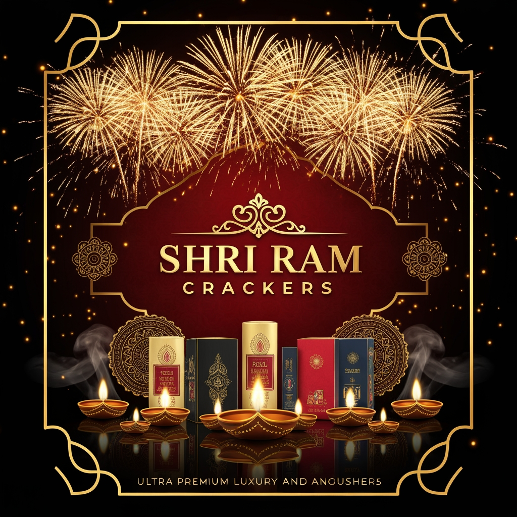 AI Design for Design an ultra-premium luxury fireworks poster for **SHRI RAM CRACKERS**. Create a majestic black and royal red background with an elegant golden ornamental frame. A spectacular golden fireworks display fills the upper background while hundreds of tiny glowing sparks surround the composition. Place **SHRI RAM CRACKERS** in the center using sophisticated royal gold embossed typography with a subtle 3D effect. Below the logo, showcase premium fireworks products arranged like a luxury product collection. Add golden diyas, decorative Indian patterns, glowing smoke, reflections, and cinematic highlights. The overall design should look like a high-budget professional Indian fireworks brand advertisement, elegant, powerful, festive, realistic, ultra-detailed, 4K, vertical 4:5 poster.