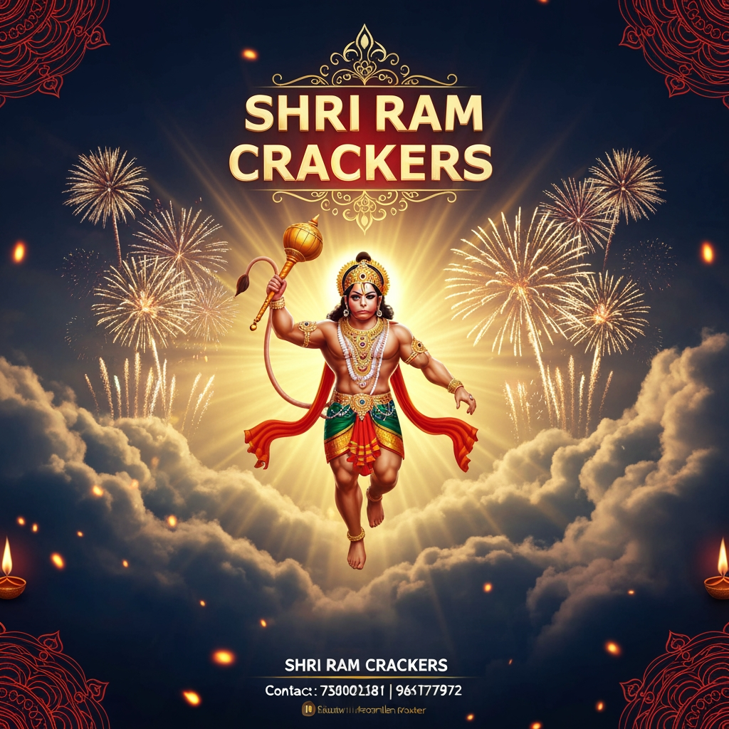AI Design for Create a premium, cinematic and highly attractive **Indian fireworks promotional poster** for a fireworks shop named **“SHRI RAM CRACKERS”**.
### Main Visual
Show **Lord Hanuman flying majestically through the night sky**, inspired by traditional Indian devotional artwork. Hanuman should have a powerful heroic appearance, detailed golden ornaments, flowing saffron/red garments, and his **gada (mace)** in his hand. Show him flying dynamically through dramatic clouds with a bright **golden divine aura** surrounding his body.
Behind Lord Hanuman, create a spectacular display of **colorful fireworks**, golden aerial explosions, sparkling trails, glowing embers and realistic smoke. Use dramatic golden light rays coming from behind Hanuman to create a divine and powerful atmosphere.
### Poster Branding
At the **top or center**, prominently display:
**SHRI RAM CRACKERS**
Use large, bold, premium **golden 3D typography** with a subtle red glow and elegant Indian decorative styling. The text must be extremely clear and readable.
### Shop Information
At the **bottom of the poster**, create a clean premium information section.
Display:
**SHRI RAM CRACKERS**
**Contact: 7530021381 | 9361777972**
Make the shop name slightly larger and the phone numbers clearly readable underneath it. Use elegant golden/white typography with a subtle glow.
### Overall Design
Use a luxurious **red + saffron + gold + black + deep blue** color palette. Include subtle Indian temple patterns, glowing diyas, golden particles and festive decorative elements without making the poster overcrowded.
The final poster should look like a **professional high-budget Diwali fireworks advertisement**, combining **devotion, power, celebration and luxury**.
Ultra-detailed Lord Hanuman, realistic cinematic lighting, volumetric rays, realistic fireworks, dramatic clouds, glowing particles, premium product advertising, sharp typography, symmetrical composition, high contrast, rich colors, 4K quality, **vertical 4:5 Instagram poster**.
**IMPORTANT TEXT ACCURACY:** Render the following text exactly and clearly:
**SHRI RAM CRACKERS**
**7530021381**
**9361777972**
Do not alter, misspell, duplicate, or distort the shop name or phone numbers.