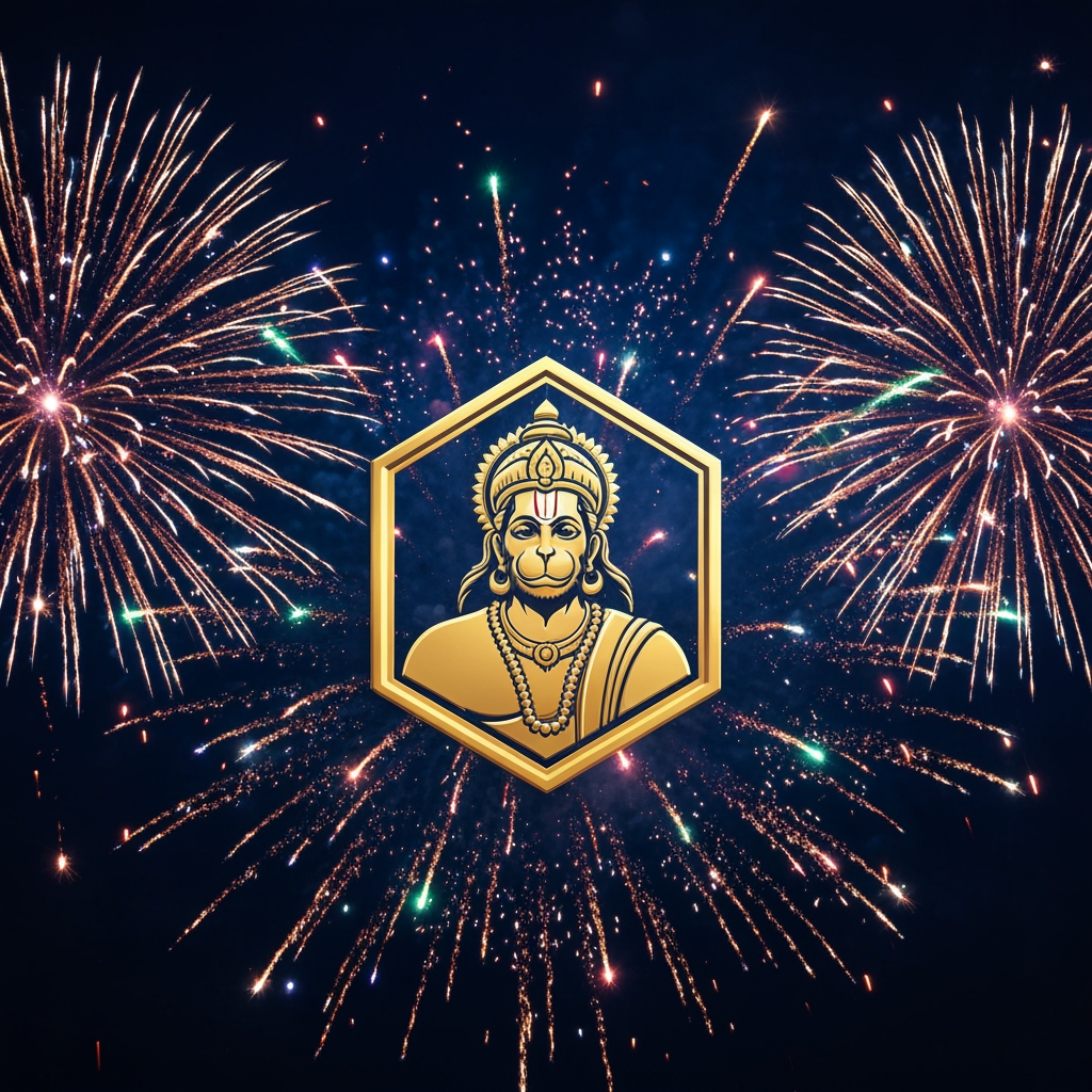 AI Design for A vibrant and festive promotional poster for a fireworks shop, featuring a majestic, golden-hued icon of Lord Hanuman as the central logo. The background is a deep midnight blue sky illuminated by brilliant, colorful firework bursts, glittery sparks, and streaks of light. The composition is cinematic and celebratory, designed with high contrast to emphasize the golden logo against the dark, explosive night sky.