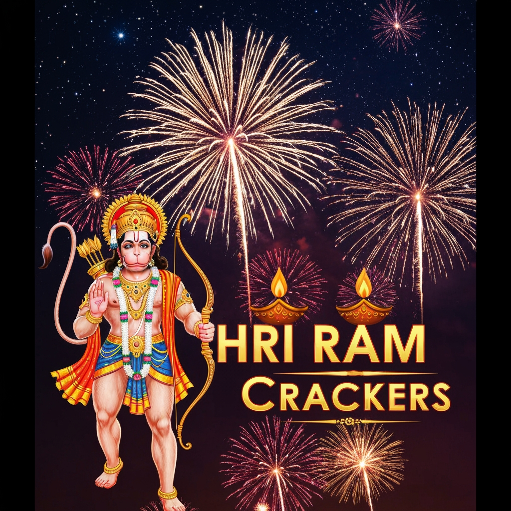 AI Design for i want to cerate a poster for my fireworks shop named shri ram crackers with a logo of lord hanuman