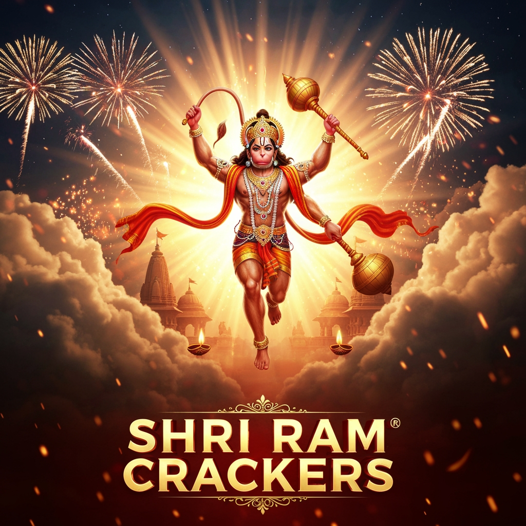 AI Design for Create a spectacular, cinematic Indian fireworks advertisement poster for **“SHRI RAM CRACKERS”**.
Show **Lord Hanuman flying majestically through the night sky**, inspired by traditional Indian devotional art, with a powerful heroic pose, flowing red/orange cloth, golden ornaments, detailed divine appearance, and his **gada (mace)** in one hand. Hanuman should appear as the main central character, flying forward through dramatic clouds with one leg extended, surrounded by a brilliant **golden divine aura** and rays of light.
Behind him, create a breathtaking night sky filled with colorful fireworks, golden sparks, glowing embers, and dramatic clouds. Add subtle traditional Indian temple architecture and warm glowing diyas near the bottom.
Place the brand name **“SHRI RAM CRACKERS”** prominently in large, luxurious **golden 3D typography** at the bottom, with elegant red highlights and a premium embossed effect.
The overall composition should feel **powerful, divine, festive, energetic, premium, and majestic**, like a high-budget Indian Diwali fireworks advertisement. Ultra-realistic cinematic lighting, dramatic atmosphere, detailed character rendering, volumetric light rays, realistic fireworks and smoke, rich red, saffron, gold and black color palette, extremely detailed, sharp focus, professional commercial poster, 4K, vertical 4:5 composition.