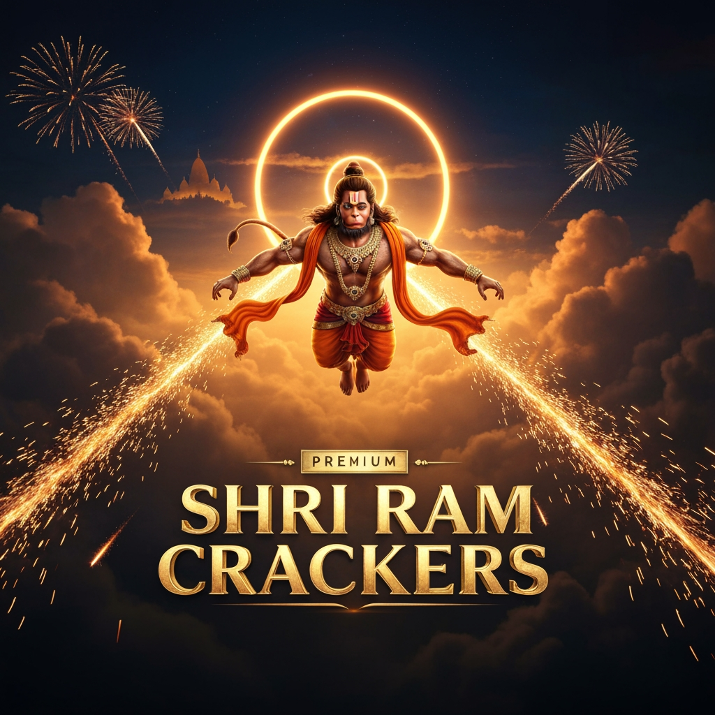 AI Design for Create an **EXTREMELY UNIQUE, CINEMATIC, PREMIUM FIREWORKS BRAND POSTER** for **SHRI RAM CRACKERS**. Do NOT create a conventional Indian crackers advertisement. The design must look like a **high-budget Indian mythological action movie poster combined with a luxury fireworks campaign**.
### HERO COMPOSITION
Show **Lord Hanuman flying directly toward the viewer from the sky**, creating an intense sense of depth and motion. Use a dramatic low-angle perspective so Hanuman appears enormous and powerful.
His body should emerge through thick cinematic clouds, with his flowing saffron cloth and ornaments moving dynamically in the wind. His **gada** should be prominently visible. Give him a majestic divine expression, detailed traditional Indian features, realistic golden ornaments and a powerful glowing **orange-gold divine aura**.
Instead of simply placing Hanuman in front of fireworks, make the fireworks **interact with the environment** around him.
Thousands of golden sparks should stream behind him like a comet trail. Huge fireworks should explode in the distant sky, while smaller sparks pass naturally in front of the camera, creating extreme depth.
### UNIQUE SKY
Create a dramatic **deep midnight-blue sky transitioning into black**, filled with enormous clouds illuminated from underneath by orange and gold light.
In the far background, create a subtle glowing **Ayodhya-inspired temple skyline**, almost hidden inside the atmosphere.
A giant circular golden light behind Hanuman should resemble a **divine solar halo**, but keep it cinematic and realistic rather than cartoon-like.
### BRAND DESIGN
Do NOT put the brand name in a normal rectangular banner.
Create a **premium floating metallic-gold emblem** integrated into the environment.
The main title:
**SHRI RAM CRACKERS**
should appear in large, elegant, dimensional golden lettering beneath Hanuman, with subtle glowing edges and embossed Indian ornamental details.
Make the typography look like a **luxury movie title**, not a normal shop advertisement.
### CONTACT DESIGN
At the very bottom, create a minimal premium black-and-gold information strip.
Display:
**SHRI RAM CRACKERS**
**7530021381 | 9361777972**
Keep the contact numbers perfectly readable and visually balanced.
### CINEMATIC DETAILS
Add:
* flying golden embers
* realistic smoke
* volumetric light beams
* sparks passing close to the camera
* dramatic motion blur on selected particles
* subtle lens flare
* atmospheric depth
* realistic cloth movement
* glowing divine particles
* distant fireworks reflected through the clouds
* tiny diyas far below
* subtle gold dust floating through the scene
### COLOR & STYLE
Use an unusual **midnight blue + burnt orange + antique gold** palette instead of the typical bright red poster.
The image should feel:
**DIVINE + POWERFUL + CINEMATIC + PREMIUM + MYSTERIOUS + FESTIVE**
Photorealistic cinematic rendering, extremely detailed Lord Hanuman, realistic skin and fabric textures, physically realistic lighting, volumetric clouds, dramatic perspective, anamorphic cinematic look, deep shadows, high dynamic range, premium advertising photography, sophisticated composition, 8K-quality detail.
### FINAL FORMAT
Vertical **4:5 Instagram poster**.
NO generic crackers shop design.
NO cheap clip-art appearance.
NO overcrowded product collage.
NO random text.
NO cartoon style.
NO generic red background.
NO standard fireworks template.
The final result should look like **a poster people would stop scrolling to look at**, with an unmistakable premium identity for **SHRI RAM CRACKERS**.