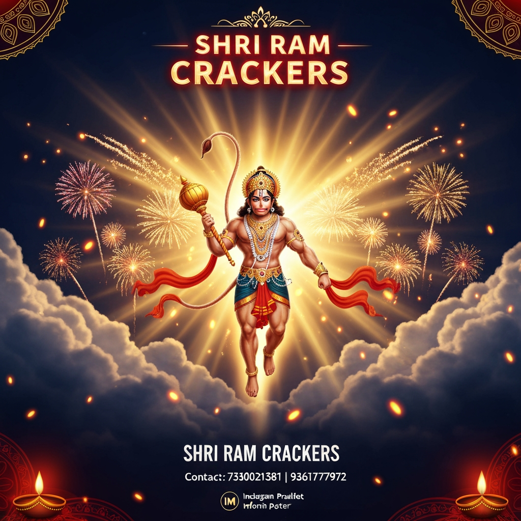 AI Design for Create a premium, cinematic and highly attractive **Indian fireworks promotional poster** for a fireworks shop named **“SHRI RAM CRACKERS”**.
### Main Visual
Show **Lord Hanuman flying majestically through the night sky**, inspired by traditional Indian devotional artwork. Hanuman should have a powerful heroic appearance, detailed golden ornaments, flowing saffron/red garments, and his **gada (mace)** in his hand. Show him flying dynamically through dramatic clouds with a bright **golden divine aura** surrounding his body.
Behind Lord Hanuman, create a spectacular display of **colorful fireworks**, golden aerial explosions, sparkling trails, glowing embers and realistic smoke. Use dramatic golden light rays coming from behind Hanuman to create a divine and powerful atmosphere.
### Poster Branding
At the **top or center**, prominently display:
**SHRI RAM CRACKERS**
Use large, bold, premium **golden 3D typography** with a subtle red glow and elegant Indian decorative styling. The text must be extremely clear and readable.
### Shop Information
At the **bottom of the poster**, create a clean premium information section.
Display:
**SHRI RAM CRACKERS**
**Contact: 7530021381 | 9361777972**
Make the shop name slightly larger and the phone numbers clearly readable underneath it. Use elegant golden/white typography with a subtle glow.
### Overall Design
Use a luxurious **red + saffron + gold + black + deep blue** color palette. Include subtle Indian temple patterns, glowing diyas, golden particles and festive decorative elements without making the poster overcrowded.
The final poster should look like a **professional high-budget Diwali fireworks advertisement**, combining **devotion, power, celebration and luxury**.
Ultra-detailed Lord Hanuman, realistic cinematic lighting, volumetric rays, realistic fireworks, dramatic clouds, glowing particles, premium product advertising, sharp typography, symmetrical composition, high contrast, rich colors, 4K quality, **vertical 4:5 Instagram poster**.
**IMPORTANT TEXT ACCURACY:** Render the following text exactly and clearly:
**SHRI RAM CRACKERS**
**7530021381**
**9361777972**
Do not alter, misspell, duplicate, or distort the shop name or phone numbers.