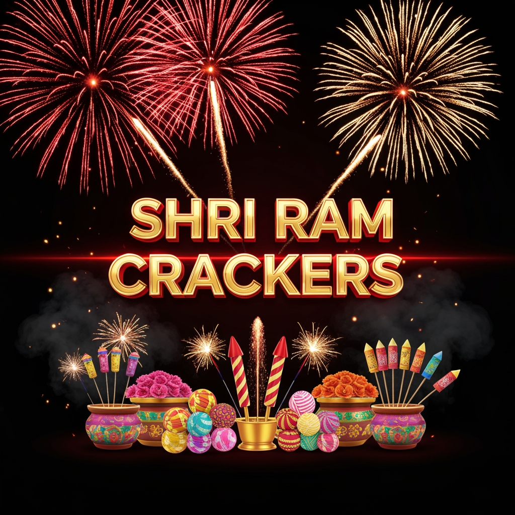 AI Design for Create a modern, eye-catching Instagram promotional poster for **SHRI RAM CRACKERS**. Dark black background with intense **red and golden fireworks** exploding dramatically behind the brand name. Place “SHRI RAM CRACKERS” in huge premium metallic gold 3D letters with a glowing red outline. Arrange colorful fireworks products in a stylish symmetrical composition at the bottom, including flower pots, sparklers, rockets, fountains, and aerial fireworks. Add dynamic golden sparks flying across the frame, realistic smoke, lens flares, glowing particles, dramatic shadows, premium product photography, cinematic lighting, luxury branding, sharp details, vibrant colors, high-end Indian festival advertising style, 4K, vertical 4:5 composition, suitable for Instagram.