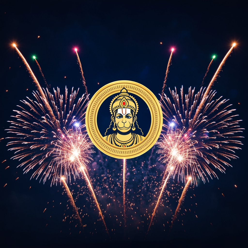 AI Design for A vibrant and festive promotional poster for a fireworks shop, featuring a majestic, golden-hued icon of Lord Hanuman as the central logo. The background is a deep midnight blue sky illuminated by brilliant, colorful firework bursts, glittery sparks, and streaks of light. The composition is cinematic and celebratory, designed with high contrast to emphasize the golden logo against the dark, explosive night sky.