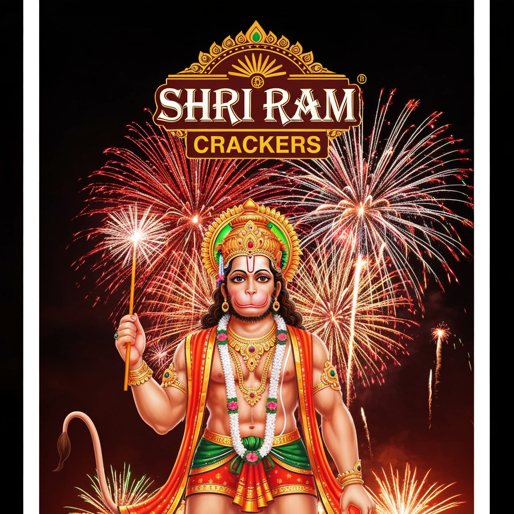 AI Design for i want to cerate a poster for my fireworks shop named shri ram crackers with a logo of lord hanuman