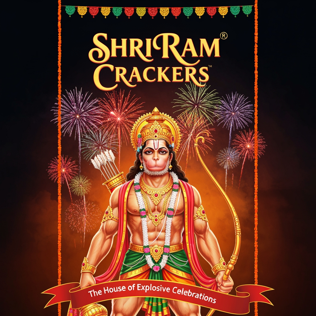 AI Design for i want to cerate a poster for my fireworks shop named shri ram crackers with a logo of lord hanuman