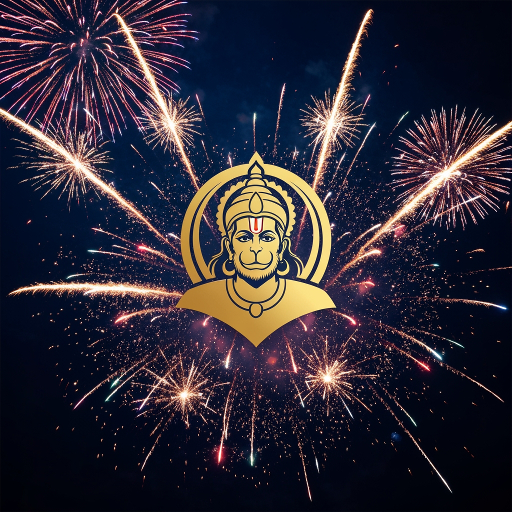 AI Design for A vibrant and festive promotional poster for a fireworks shop, featuring a majestic, golden-hued icon of Lord Hanuman as the central logo. The background is a deep midnight blue sky illuminated by brilliant, colorful firework bursts, glittery sparks, and streaks of light. The composition is cinematic and celebratory, designed with high contrast to emphasize the golden logo against the dark, explosive night sky.