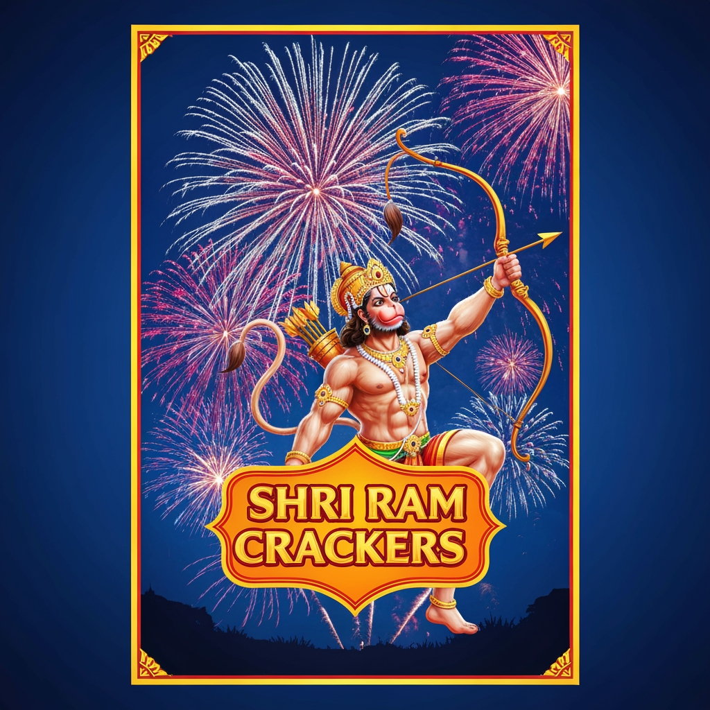 AI Design for i want to cerate a poster for my fireworks shop named shri ram crackers with a logo of lord hanuman