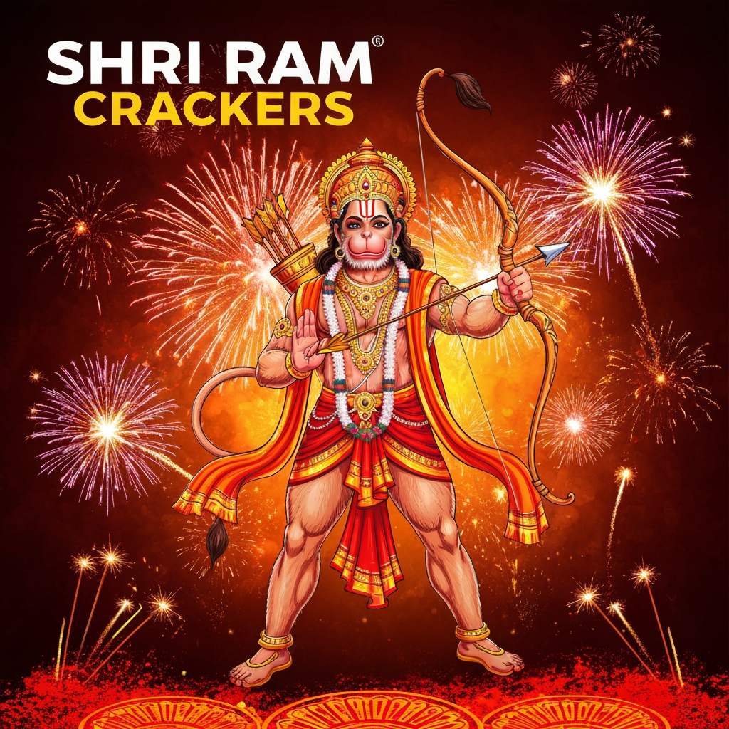 AI Design for i want to cerate a poster for my fireworks shop named shri ram crackers with a logo of lord hanuman