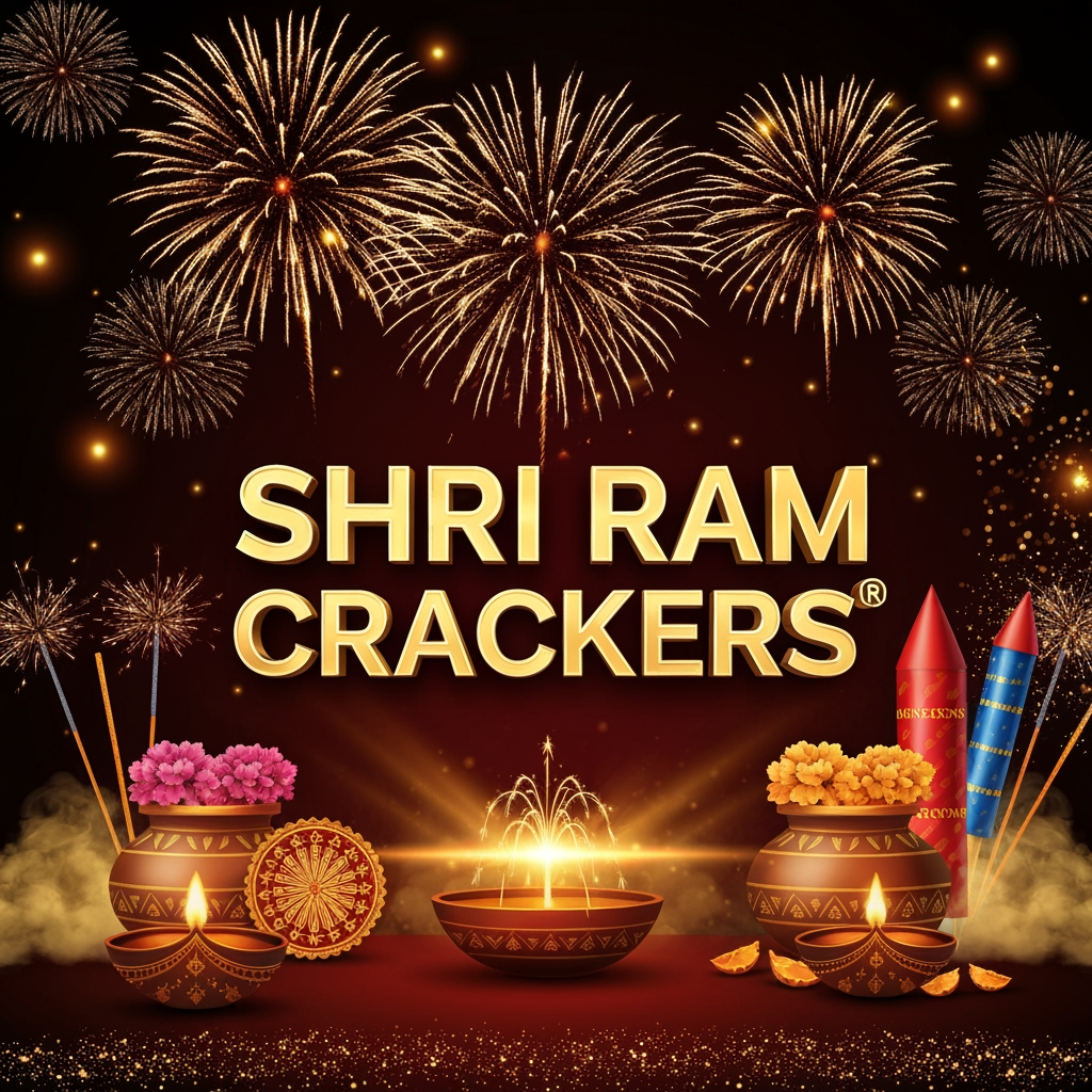 AI Design for Create a premium, highly realistic promotional poster for **“SHRI RAM CRACKERS”**, an Indian fireworks and crackers brand. Use a luxurious **deep red, black, and golden** color theme with glowing golden particles and spectacular fireworks exploding in the night sky. Place the text **“SHRI RAM CRACKERS”** prominently at the center in elegant, bold 3D golden typography. Add beautifully arranged fireworks products such as flower pots, sparklers, rockets, chakras, fountains, and colorful fireworks around the bottom and sides. Include subtle traditional Indian festive elements, golden light rays, smoke effects, glitter particles, and a rich Diwali celebration atmosphere. Premium commercial advertising photography, cinematic lighting, ultra-detailed, realistic fireworks, dramatic composition, high contrast, luxury Indian festival branding, professional poster design, 4K, vertical 4:5 Instagram poster.