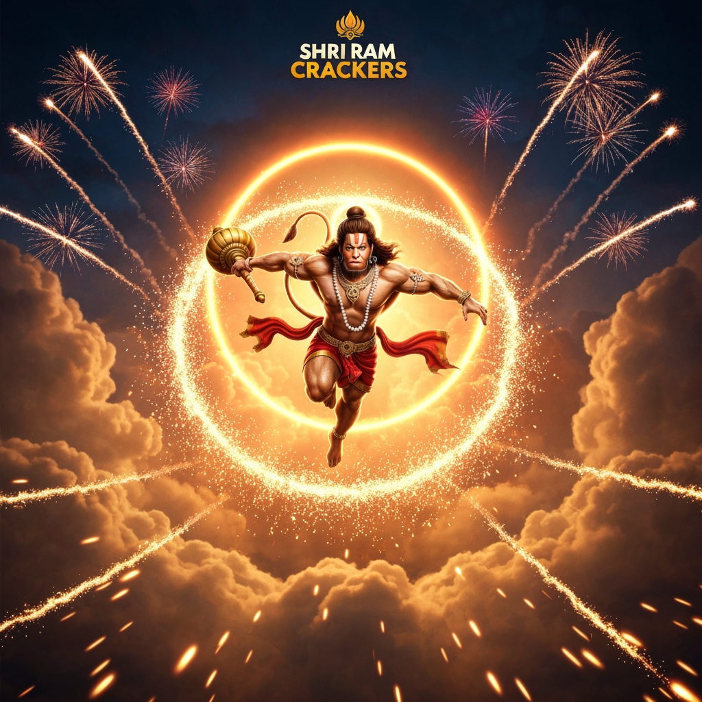 AI Design for Create a **unique, cinematic, visually stunning Indian fireworks advertisement poster** for **SHRI RAM CRACKERS**.
The poster must look like a high-budget **mythological action movie poster**, not a conventional crackers-shop advertisement.
### MAIN HERO — LORD HANUMAN
Show **Lord Hanuman flying directly toward the viewer through the sky**, creating an extremely powerful sense of depth and motion.
Use a dramatic low-angle perspective so Hanuman appears huge and heroic. His body should emerge through thick, realistic cinematic clouds.
Show:
* Traditional divine Indian appearance
* Detailed golden ornaments
* Flowing saffron and red garments moving dynamically in the wind
* Powerful facial expression
* His **gada (mace)** clearly visible
* Strong muscular heroic physique
* A brilliant orange-golden divine aura surrounding him
Hanuman should be the **main focal point of the entire poster**.
### FIREWORKS — INTEGRATED WITH HANUMAN
Do NOT simply place fireworks behind Hanuman.
Make the fireworks feel like they are being **created by Hanuman's movement and divine energy**.
As Hanuman flies forward, his movement should leave behind a spectacular trail of thousands of golden sparks.
His gada should create a massive circular wave of golden energy and sparks, and this energy should transform into colorful fireworks exploding across the distant sky.
Add fireworks at different depths:
* Huge distant fireworks behind the clouds
* Medium fireworks around Hanuman
* Tiny sparks extremely close to the camera
* Golden embers flying through the foreground
* Long glowing firework trails crossing the sky
This should create an incredible **3D cinematic depth effect**.
### BACKGROUND
Use a dramatic **midnight-blue to black sky**.
Fill the sky with enormous realistic clouds illuminated from below by **burnt orange, golden and saffron light**.
Behind Hanuman, create a gigantic circular golden divine halo that looks like a combination of **sunlight and sacred energy**.
Deep in the background, almost hidden inside the atmosphere, include a subtle **Ayodhya-inspired temple skyline** with tiny glowing lights.
The temple should remain atmospheric and secondary—not distract from Hanuman.
### COLOR PALETTE
Use ONLY a sophisticated combination of:
**Midnight Blue + Deep Black + Burnt Orange + Saffron + Antique Gold**
Avoid the typical bright red fireworks-poster appearance.
The colors should feel cinematic, dramatic and sophisticated.
### BRAND NAME
Place the main brand name:
**SHRI RAM CRACKERS**
under Hanuman in a visually integrated position.
Use large **antique-gold dimensional lettering**, inspired by an Indian mythological movie title.
The lettering should have:
* Elegant gold texture
* Subtle 3D depth
* Soft golden glow
* Fine Indian ornamental detailing
* Excellent readability
Do NOT place the brand inside a cheap rectangular banner.
### CONTACT INFORMATION
At the **very bottom of the poster**, add a clean and elegant dark section that naturally blends into the night sky.
Display:
**SHRI RAM CRACKERS**
**7530021381 | 9361777972**
Make the phone numbers clearly readable but smaller than the main brand name.
Use simple elegant gold/cream typography.
The contact information must look like a **natural part of the poster design**, not an advertisement sticker or large banner.
### CINEMATIC ATMOSPHERE
Add:
* Volumetric golden light rays
* Realistic smoke
* Flying embers
* Glowing particles
* Atmospheric haze
* Subtle lens flare
* Realistic cloth movement
* Firework reflections inside clouds
* Golden dust particles
* Tiny distant diyas
* Dramatic shadows
* Strong depth of field
* Cinematic motion
* Realistic illumination
### VISUAL STYLE
Extremely detailed and realistic Lord Hanuman.
Photorealistic cinematic rendering, realistic fabric and metal textures, physically accurate lighting, volumetric clouds, dramatic perspective, atmospheric depth, cinematic color grading, high dynamic range, sophisticated Indian mythological visual style, spectacular fireworks, movie-poster composition, ultra-sharp details, 8K-quality appearance.
### IMPORTANT
The poster must feel **different from ordinary fireworks posters**.
Do NOT use:
* Generic red background
* Generic crackers shop template
* Cartoon Hanuman
* Cheap clip-art
* Product collage
* Excessive decorative borders
* Random text
* Overcrowded layout
* Large contact-number banner
* Words such as “PREMIUM”, “LUXURY”, “BEST”, or “NO.1” anywhere on the poster
Only display the required branding and contact information.
### REQUIRED TEXT — EXACTLY
**SHRI RAM CRACKERS**
**7530021381 | 9361777972**
No spelling mistakes. No extra words. No additional phone numbers.
### FORMAT
Vertical **4:5 Instagram poster**, highly detailed, cinematic composition, professional commercial advertising artwork, dramatic and visually unforgettable.