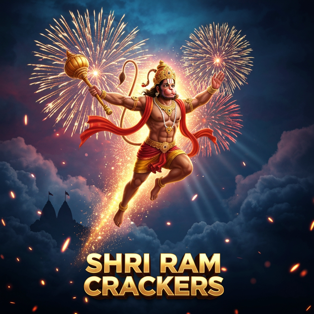 AI Design for Create an epic vertical promotional poster for **SHRI RAM CRACKERS**, featuring **Lord Hanuman soaring powerfully across the sky at high speed**.
Lord Hanuman is the dominant visual element, flying diagonally from the lower left toward the upper right, with his gada held firmly, flowing garments moving dramatically in the wind, golden jewelry, muscular heroic physique, expressive divine face, and a brilliant glowing aura surrounding his body. His movement should create a trail of golden divine energy and sparkling particles.
The background is a dramatic deep blue and black night sky with massive colorful fireworks exploding behind him. Golden fireworks form a radiant halo around Hanuman while red and orange fireworks illuminate the clouds. Add cinematic clouds, glowing smoke, flying sparks, embers, light rays, and subtle Indian temple silhouettes.
At the bottom, display **“SHRI RAM CRACKERS”** in bold premium metallic-gold 3D lettering. Make the typography highly readable and luxurious.
Create a **divine + powerful + festive + premium Indian advertising aesthetic**, cinematic composition, dramatic perspective, realistic lighting, volumetric rays, ultra-detailed textures, vibrant fireworks, professional commercial photography style, 4K, vertical 4:5 poster.
