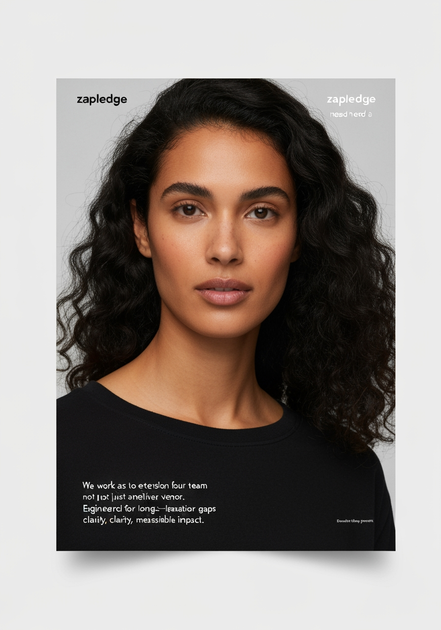 AI Design for Social campaign preview concept for Brand identity directions for a client name of the brand zapledge need a logo its a We work as an extension of your team, not just another vendor.

Deep analysis to uncover real operational gaps and bottlenecks.

Engineered for long‑term reliability, clarity, and measurable impact.. Portrait campaign visual that feels ready for client approval, clear focal image, cohesive art direction, clean space for copy to be added later, no generated text.