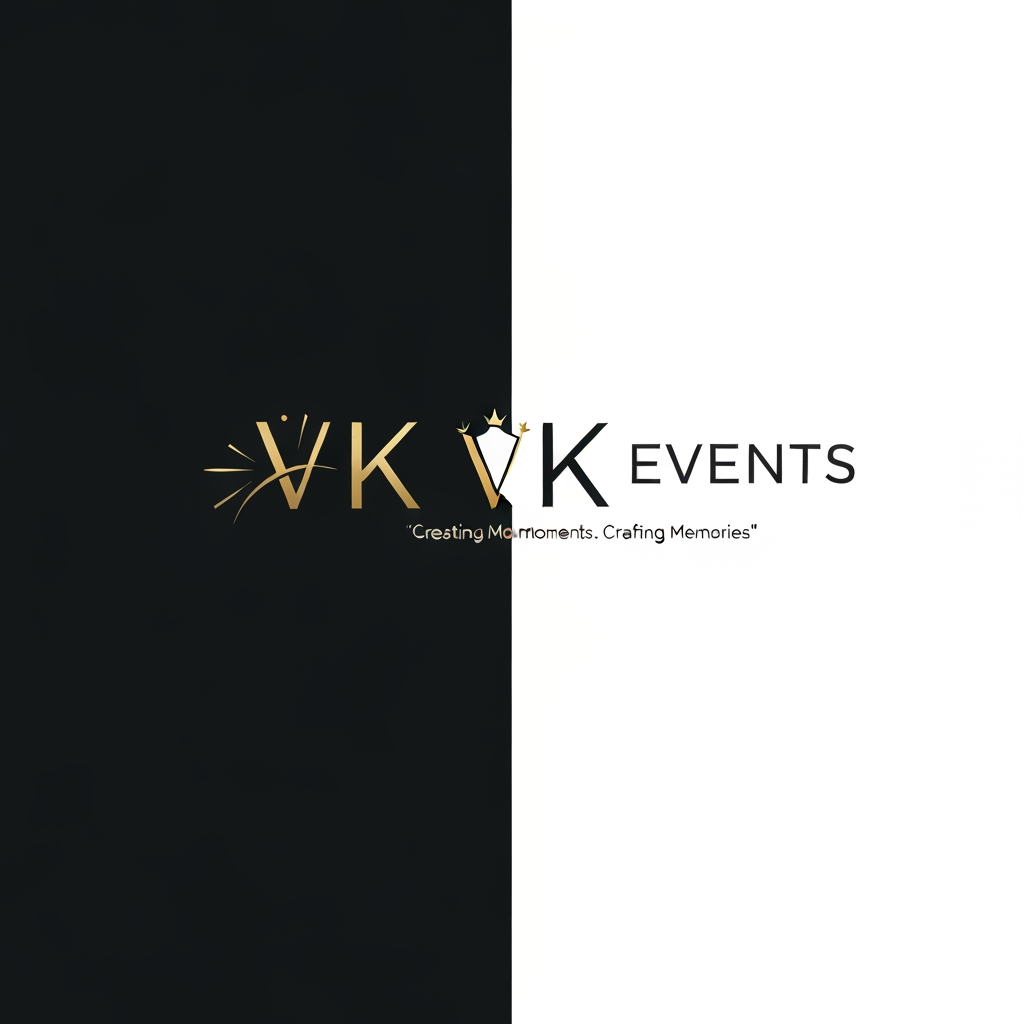 AI Design for **Premium Logo Generation Prompt — VK Events**

Design a **luxury, premium, modern logo** for an event management company named **“VK EVENTS”**.

The brand should communicate **elegance, celebration, creativity, trust, professionalism, and premium event experiences**.

### Logo Concept

Create a sophisticated **minimalist monogram “VK”** as the primary symbol. Integrate subtle elements inspired by **event celebrations**, such as an abstract spark, elegant light beam, luxury floral curve, crown-like geometry, or sophisticated celebration motif — but keep it **minimal and classy**, not literal or overcrowded.

The **VK monogram should be unique, memorable, balanced, and recognizable even without the company name**.

### Typography

Place **“VK EVENTS”** below or beside the symbol using a **premium modern serif or elegant high-fashion typeface**.
Typography should be clean, refined, spacious, and highly professional.

Optional small tagline:
**“Creating Moments. Crafting Memories.”**

### Color Direction

Use a luxurious color palette such as:

* Deep black / charcoal
* Champagne gold
* Subtle metallic gold
* Optional ivory/cream

The gold should look **premium metallic**, not bright yellow.

### Style

* Luxury event management brand
* Minimalist
* Elegant
* Sophisticated
* Modern
* Timeless
* High-end hospitality / wedding aesthetic
* Premium corporate identity
* Clean geometric construction
* Strong visual balance
* Professional enough for weddings, corporate events, birthdays, engagements, haldi, mehndi, baby showers and luxury celebrations

### Output Requirements

Create a **clean professional vector-style logo**, centered composition, sharp edges, excellent symmetry, premium branding quality.

Provide:

1. Primary logo
2. Monogram-only “VK” icon
3. Horizontal logo version
4. Black & white version
5. Transparent background
6. High-resolution branding presentation

**Important:** Do not use generic party icons, balloons, confetti, champagne glasses, or overly decorative wedding symbols. The logo must feel like a **premium established event-management brand**, not a small local decoration business.

The final result should look **expensive, memorable, elegant, and internationally professional**.

Brand name must be spelled exactly:

**VK EVENTS**