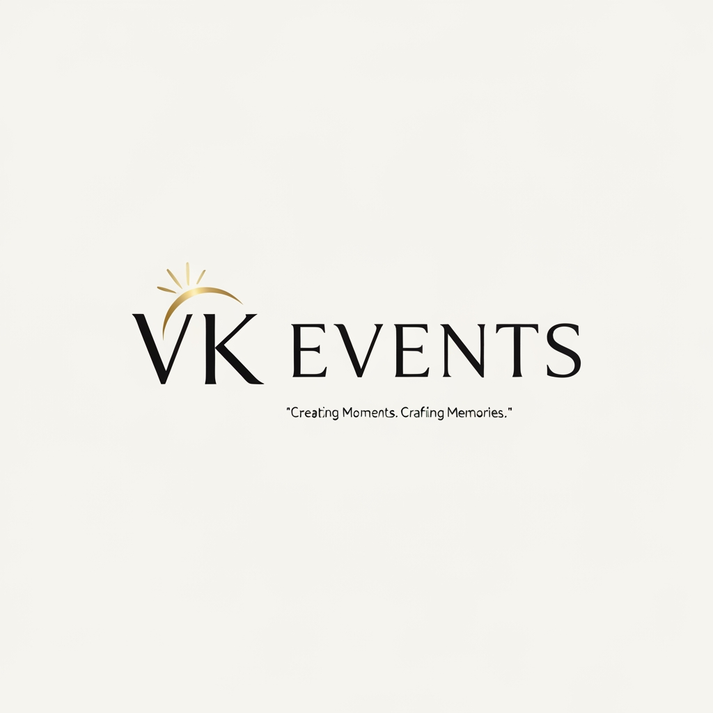 AI Design for **Premium Logo Generation Prompt — VK Events**

Design a **luxury, premium, modern logo** for an event management company named **“VK EVENTS”**.

The brand should communicate **elegance, celebration, creativity, trust, professionalism, and premium event experiences**.

### Logo Concept

Create a sophisticated **minimalist monogram “VK”** as the primary symbol. Integrate subtle elements inspired by **event celebrations**, such as an abstract spark, elegant light beam, luxury floral curve, crown-like geometry, or sophisticated celebration motif — but keep it **minimal and classy**, not literal or overcrowded.

The **VK monogram should be unique, memorable, balanced, and recognizable even without the company name**.

### Typography

Place **“VK EVENTS”** below or beside the symbol using a **premium modern serif or elegant high-fashion typeface**.
Typography should be clean, refined, spacious, and highly professional.

Optional small tagline:
**“Creating Moments. Crafting Memories.”**

### Color Direction

Use a luxurious color palette such as:

* Deep black / charcoal
* Champagne gold
* Subtle metallic gold
* Optional ivory/cream

The gold should look **premium metallic**, not bright yellow.

### Style

* Luxury event management brand
* Minimalist
* Elegant
* Sophisticated
* Modern
* Timeless
* High-end hospitality / wedding aesthetic
* Premium corporate identity
* Clean geometric construction
* Strong visual balance
* Professional enough for weddings, corporate events, birthdays, engagements, haldi, mehndi, baby showers and luxury celebrations

### Output Requirements

Create a **clean professional vector-style logo**, centered composition, sharp edges, excellent symmetry, premium branding quality.

Provide:

1. Primary logo
2. Monogram-only “VK” icon
3. Horizontal logo version
4. Black & white version
5. Transparent background
6. High-resolution branding presentation

**Important:** Do not use generic party icons, balloons, confetti, champagne glasses, or overly decorative wedding symbols. The logo must feel like a **premium established event-management brand**, not a small local decoration business.

The final result should look **expensive, memorable, elegant, and internationally professional**.

Brand name must be spelled exactly:

**VK EVENTS**