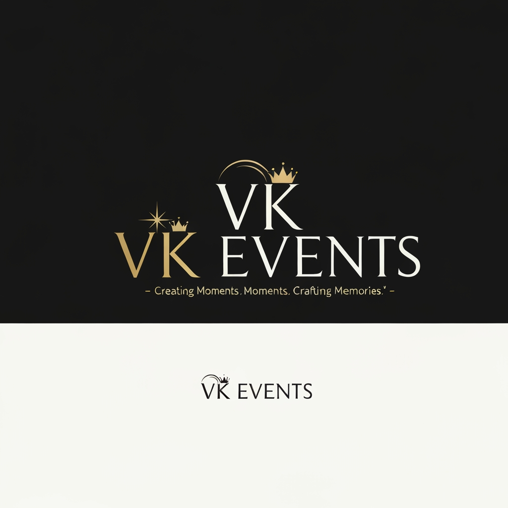 AI Design for **Premium Logo Generation Prompt — VK Events**

Design a **luxury, premium, modern logo** for an event management company named **“VK EVENTS”**.

The brand should communicate **elegance, celebration, creativity, trust, professionalism, and premium event experiences**.

### Logo Concept

Create a sophisticated **minimalist monogram “VK”** as the primary symbol. Integrate subtle elements inspired by **event celebrations**, such as an abstract spark, elegant light beam, luxury floral curve, crown-like geometry, or sophisticated celebration motif — but keep it **minimal and classy**, not literal or overcrowded.

The **VK monogram should be unique, memorable, balanced, and recognizable even without the company name**.

### Typography

Place **“VK EVENTS”** below or beside the symbol using a **premium modern serif or elegant high-fashion typeface**.
Typography should be clean, refined, spacious, and highly professional.

Optional small tagline:
**“Creating Moments. Crafting Memories.”**

### Color Direction

Use a luxurious color palette such as:

* Deep black / charcoal
* Champagne gold
* Subtle metallic gold
* Optional ivory/cream

The gold should look **premium metallic**, not bright yellow.

### Style

* Luxury event management brand
* Minimalist
* Elegant
* Sophisticated
* Modern
* Timeless
* High-end hospitality / wedding aesthetic
* Premium corporate identity
* Clean geometric construction
* Strong visual balance
* Professional enough for weddings, corporate events, birthdays, engagements, haldi, mehndi, baby showers and luxury celebrations

### Output Requirements

Create a **clean professional vector-style logo**, centered composition, sharp edges, excellent symmetry, premium branding quality.

Provide:

1. Primary logo
2. Monogram-only “VK” icon
3. Horizontal logo version
4. Black & white version
5. Transparent background
6. High-resolution branding presentation

**Important:** Do not use generic party icons, balloons, confetti, champagne glasses, or overly decorative wedding symbols. The logo must feel like a **premium established event-management brand**, not a small local decoration business.

The final result should look **expensive, memorable, elegant, and internationally professional**.

Brand name must be spelled exactly:

**VK EVENTS**
