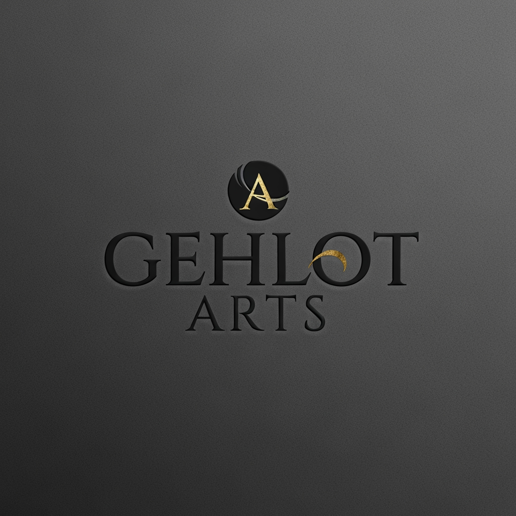 AI Design for A sophisticated and minimalist logo design for Gehlot Arts, featuring elegant serif typography and a subtle, artistic emblem. The aesthetic is luxurious and premium, rendered in a deep matte black against a clean, high-texture charcoal background to create a rich, tactile feel. use a suitbke icon too above the text