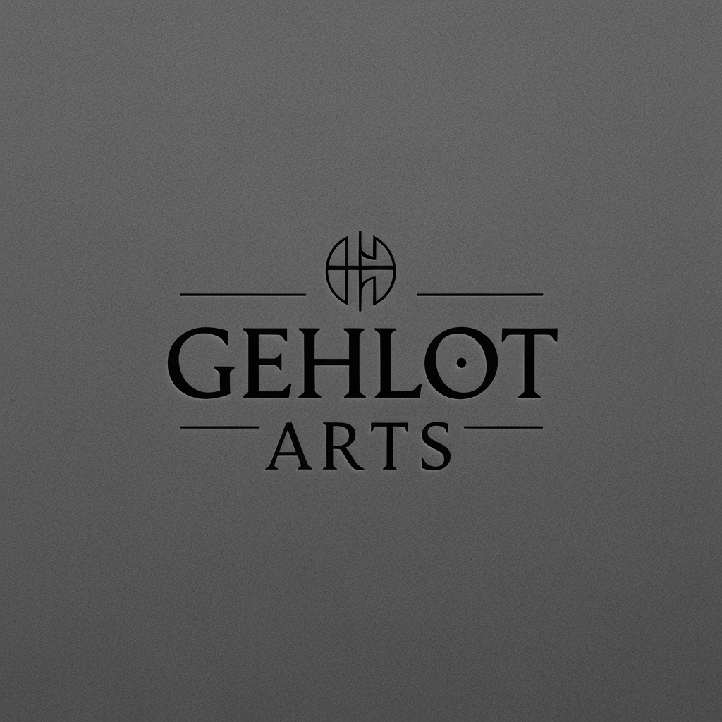 AI Design for A sophisticated and minimalist logo design for Gehlot Arts, featuring elegant serif typography and a subtle, artistic emblem. The aesthetic is luxurious and premium, rendered in a deep matte black against a clean, high-texture charcoal background to create a rich, tactile feel.