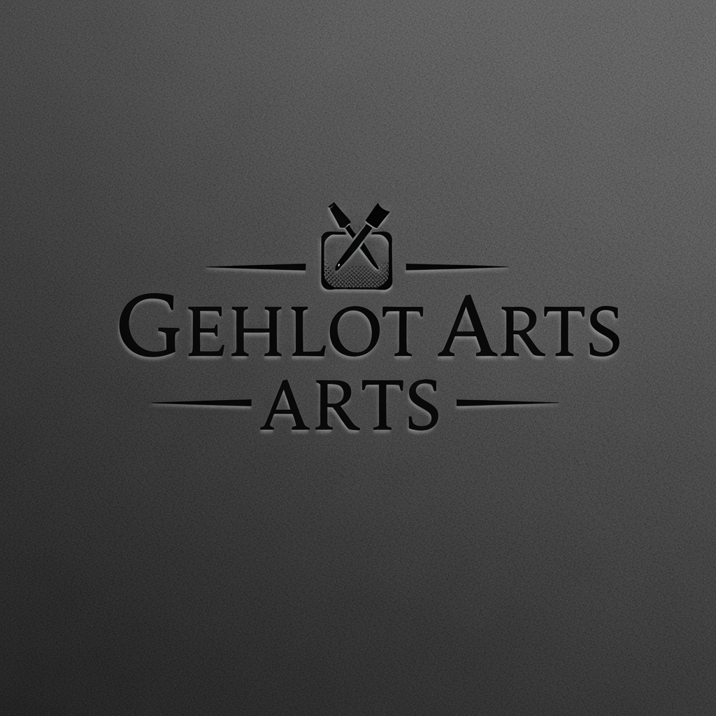 AI Design for A sophisticated and minimalist logo design for Gehlot Arts, featuring elegant serif typography and a subtle, artistic emblem. The aesthetic is luxurious and premium, rendered in a deep matte black against a clean, high-texture charcoal background to create a rich, tactile feel. use a suitbke icon too above the text